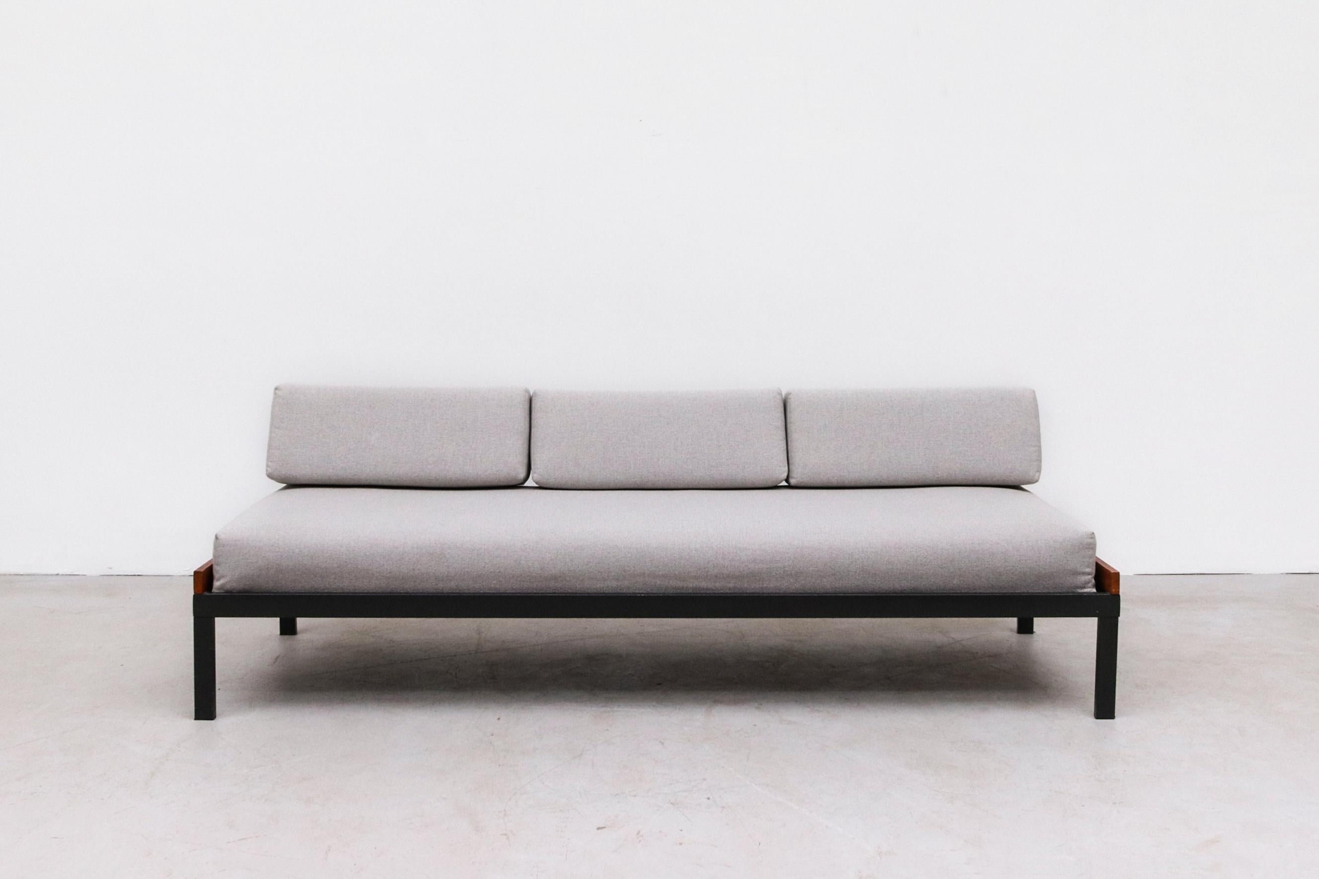 Friso Kramer 'Couchette' daybed for Auping, 1965. Frame is original condition, mattress and cushions newly upholstered. Frame has visible wear, consistent with its age and use. Frame height is 10.5