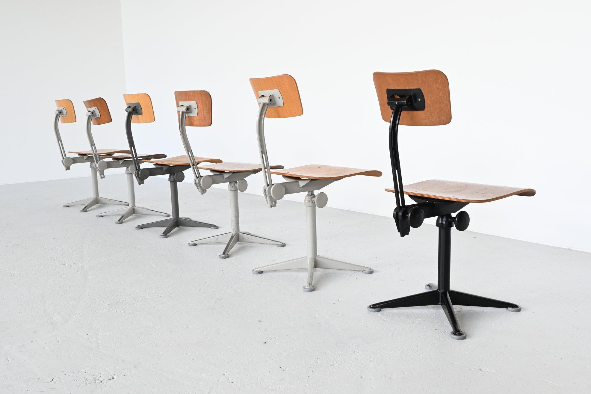 Very nice industrial drafting chairs designed by Friso Kramer and manufactured by Ahrend de Cirkel, the Netherlands, 1960. We have several models of these drafting chairs in stock. All of them have a lacquered metal frame with a plywood seat and