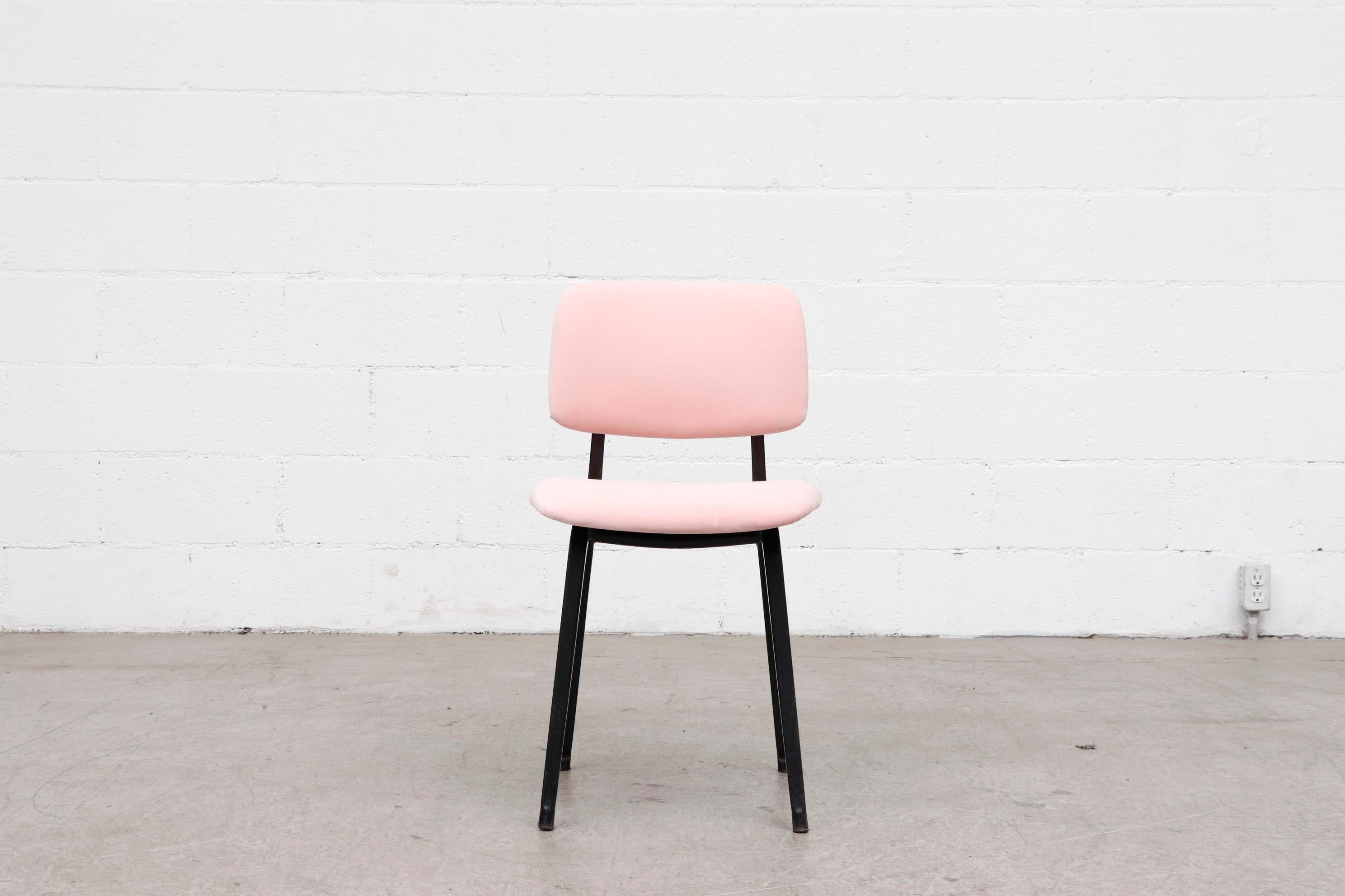 Newly Upholstered Pink Velvet Friso Kramer 'Revolt' Chair with Black Enameled Metal Frame. Classic Design with Youthful Pop! Frame in Original Condition with Wear Consistent with its Age and Use. Matching 'Revolt' Chair Also Available with Grey