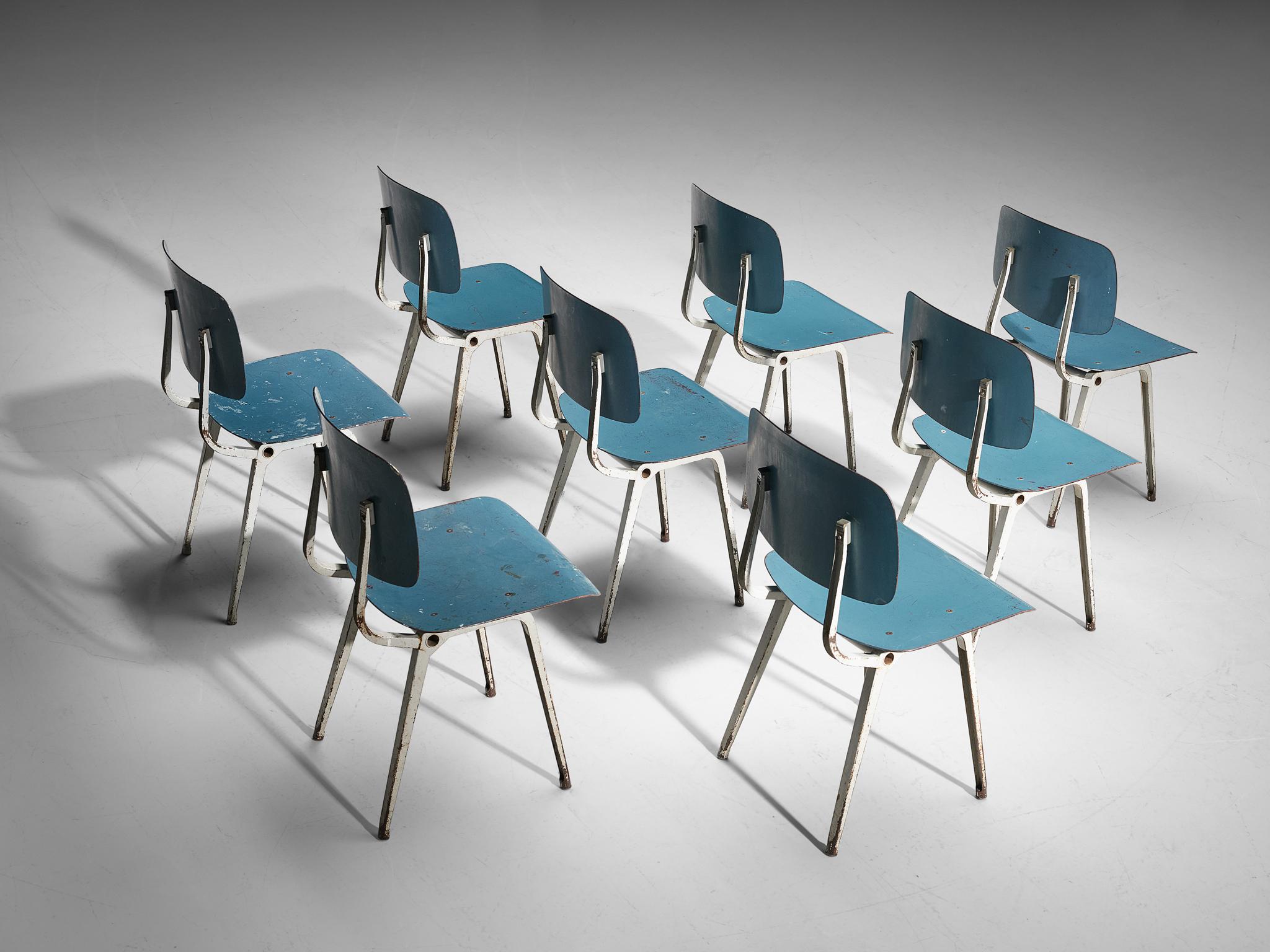 Friso Kramer Set of Eight 'Revolt' Dining Chairs in Metal and Blue Plywood For Sale 4