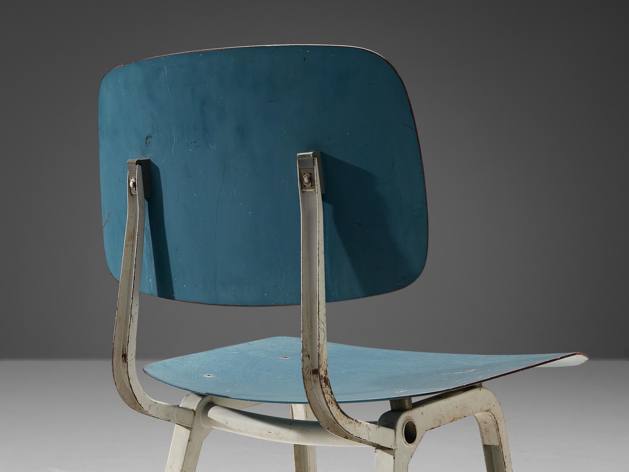 Dutch Friso Kramer Set of Eight 'Revolt' Dining Chairs in Metal and Blue Plywood For Sale