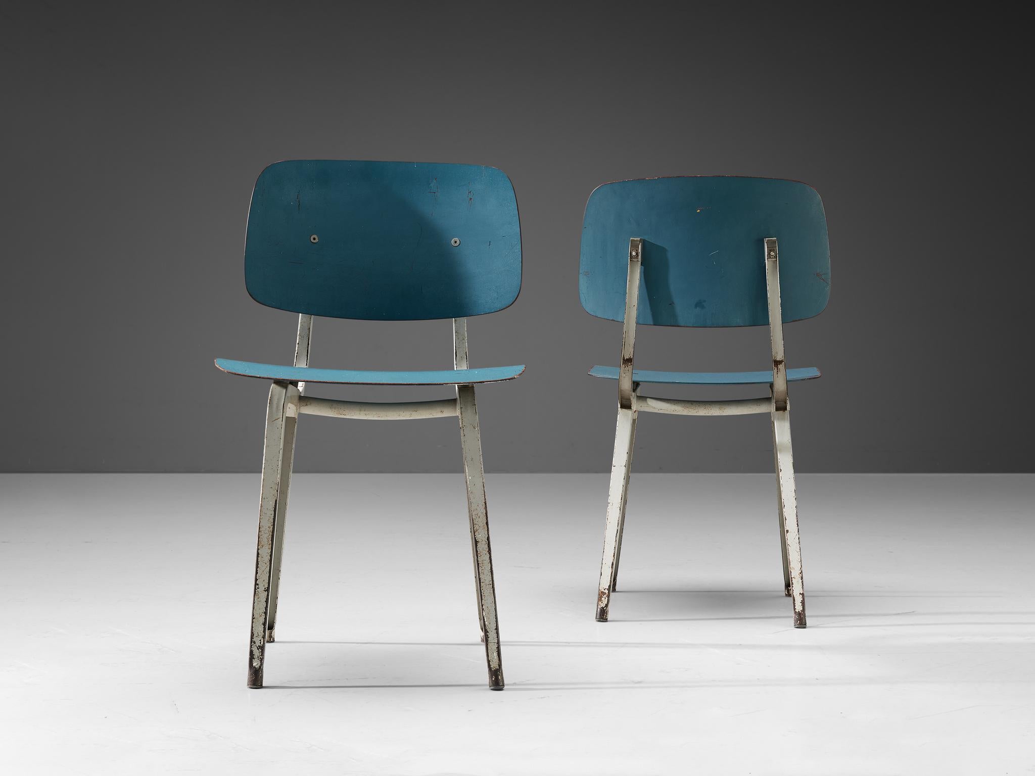 Friso Kramer Set of Eight 'Revolt' Dining Chairs in Metal and Blue Plywood In Good Condition For Sale In Waalwijk, NL