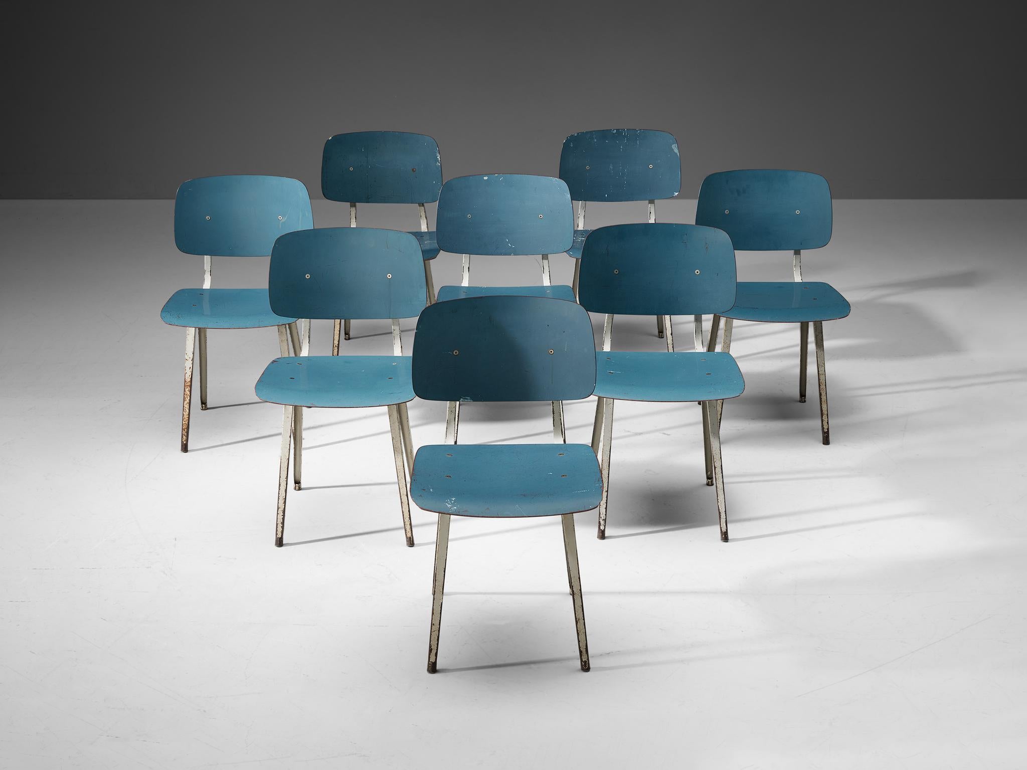 Mid-20th Century Friso Kramer Set of Eight 'Revolt' Dining Chairs in Metal and Blue Plywood For Sale