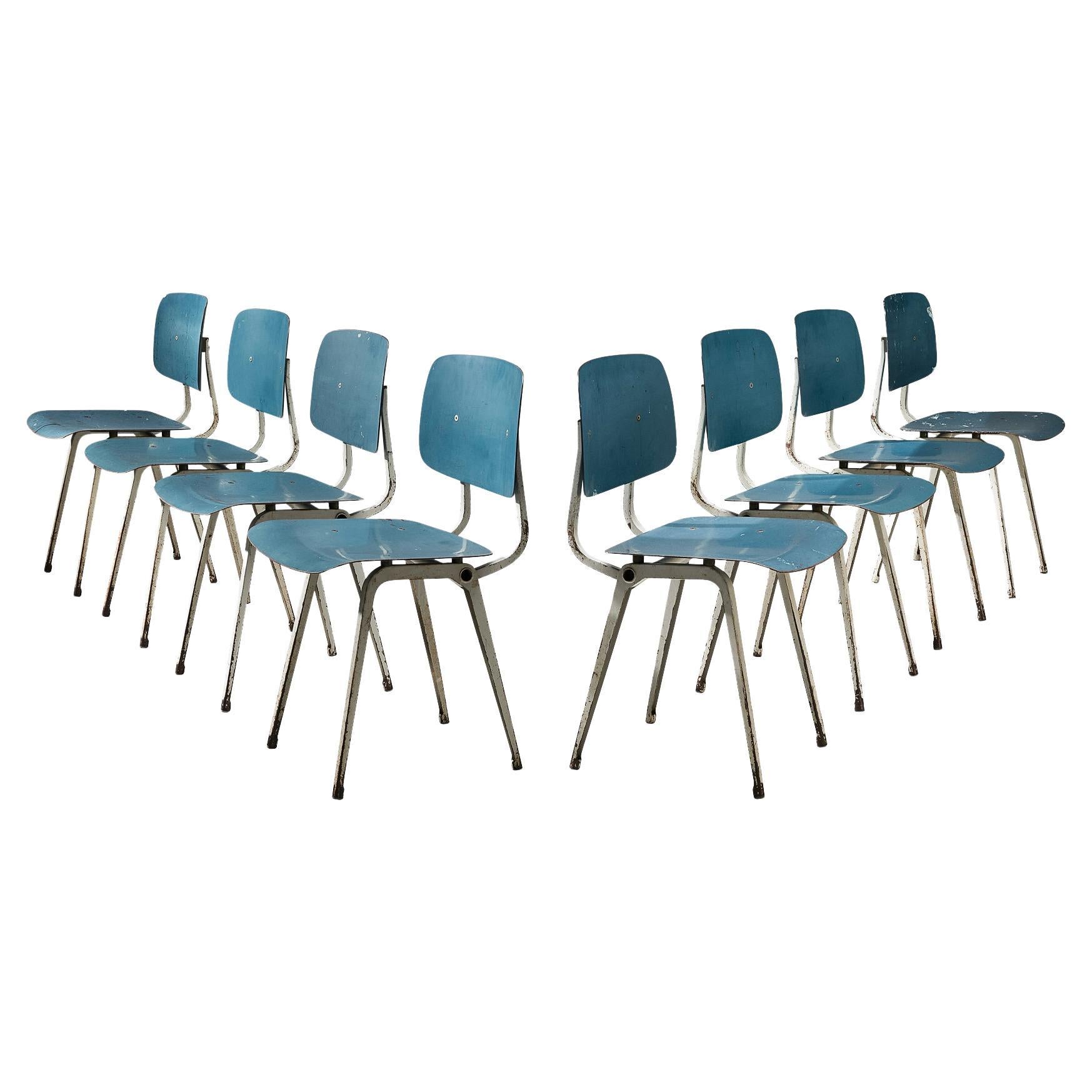 Friso Kramer Set of Eight 'Revolt' Dining Chairs in Metal and Blue Plywood