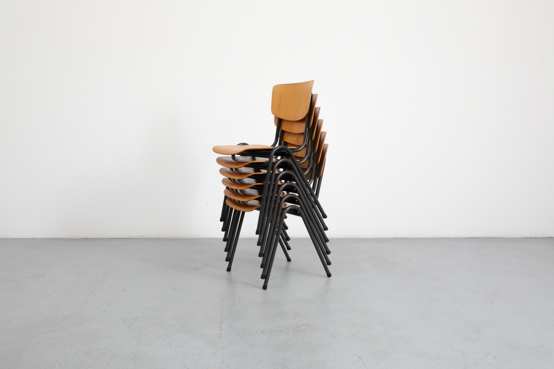 Friso Kramer Style Molded Blonde Plywood Industrial Stacking Chairs In Good Condition For Sale In Los Angeles, CA