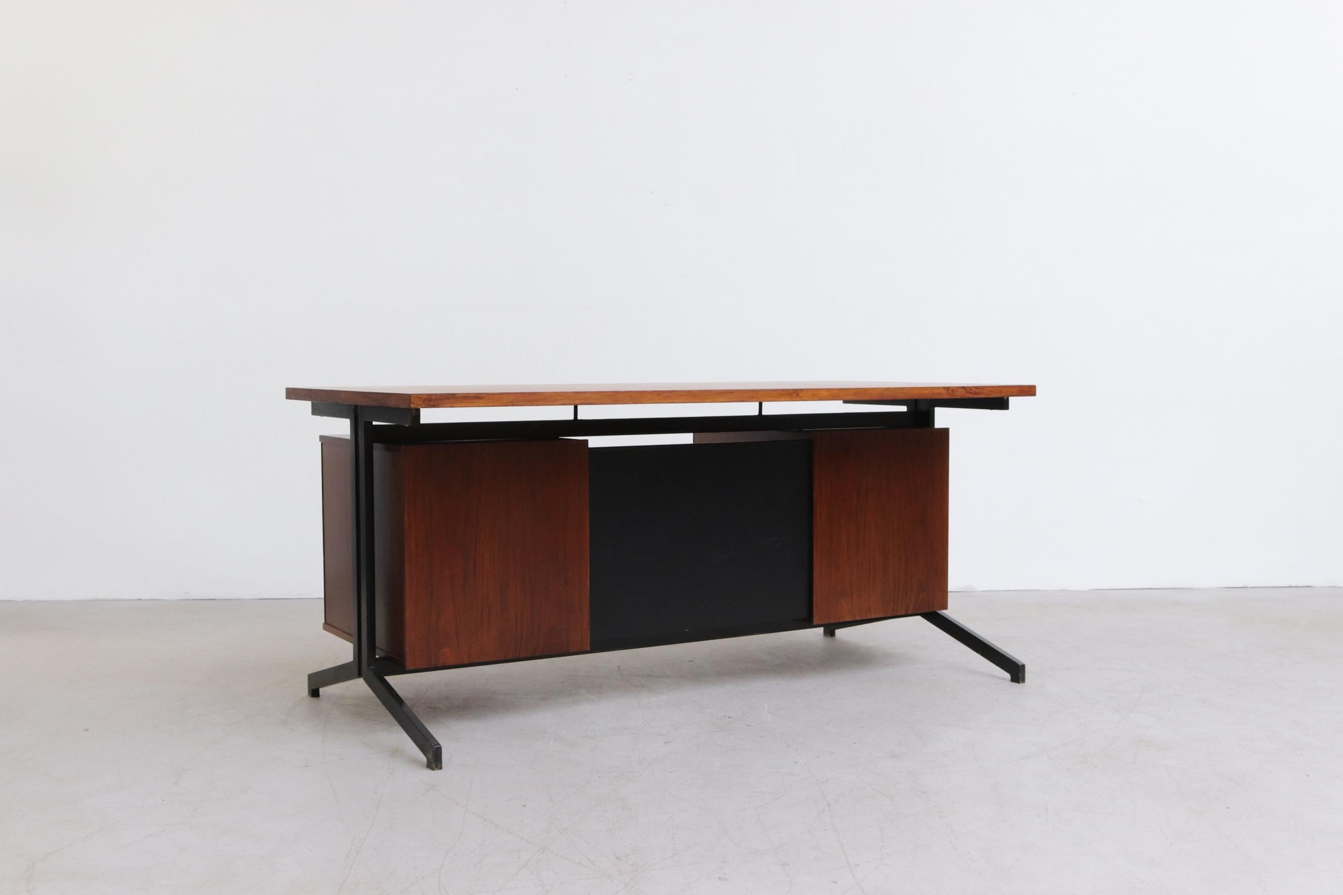 Friso Kramer Style Rosewood and Steel Executive Desk In Good Condition In Los Angeles, CA