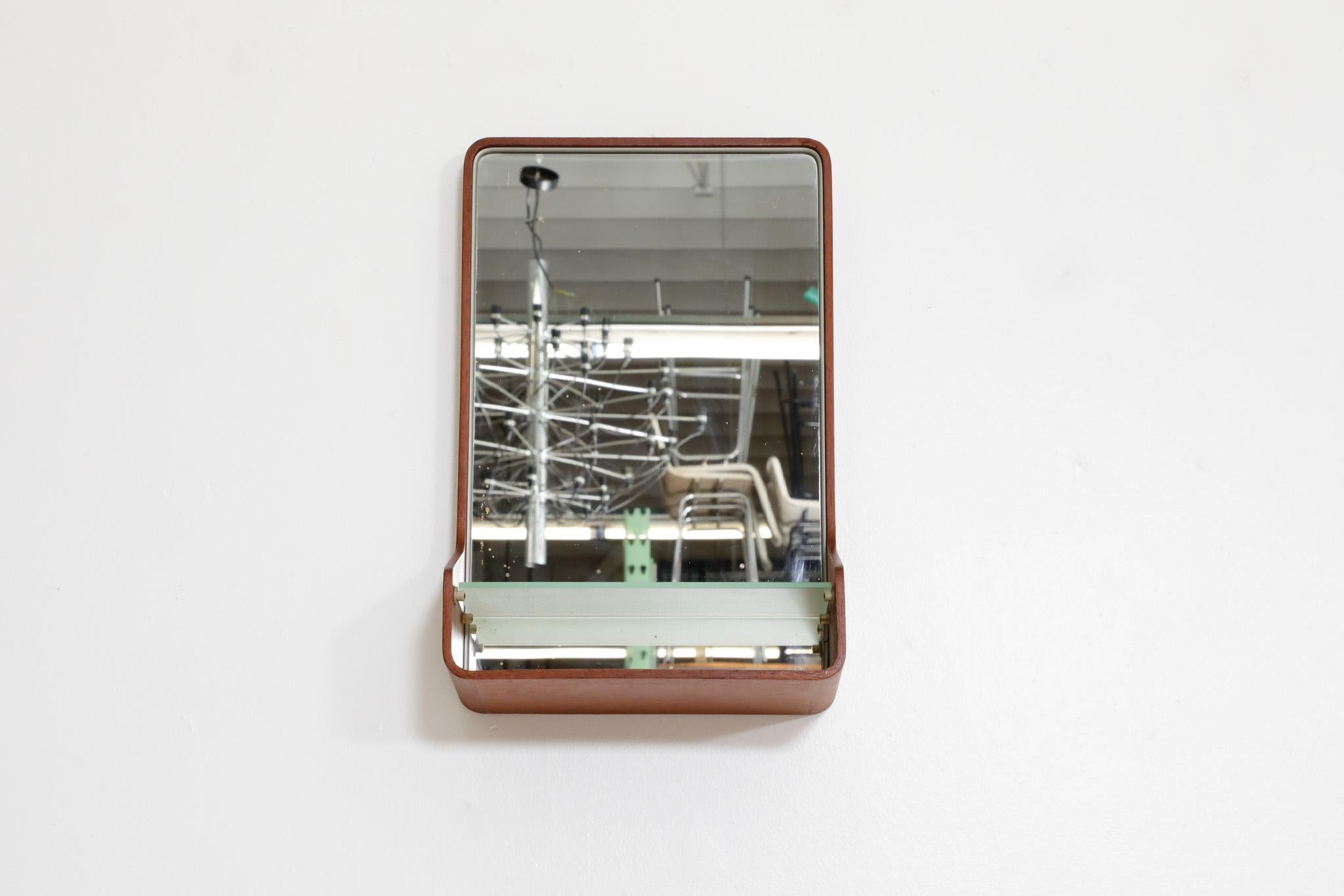 Dutch Euroika Series, Friso Kramer Designed Teak Wall Mount Mirror with Glass Shelf