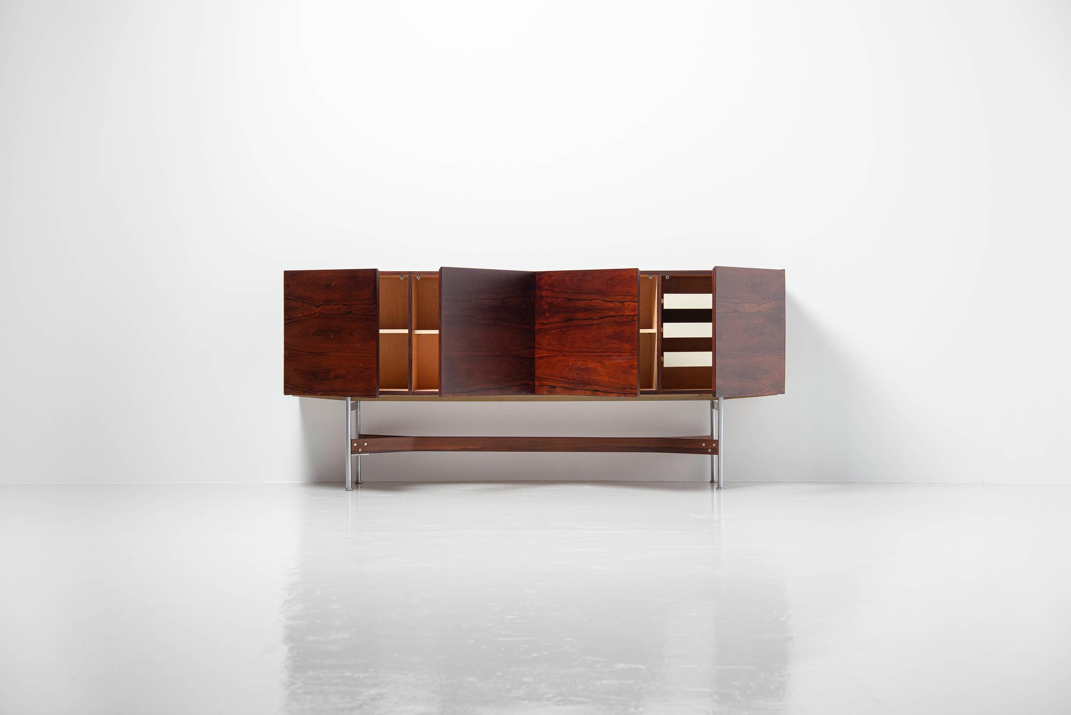 Beautiful and unique high sideboard designed by Rudolf Glatzel produced by Fristho Franeker, Holland 1962. This sideboard is from the G-series Glatzel designed for Fristho and this is model GLR-230. It has an amazing dark rosewood grain and