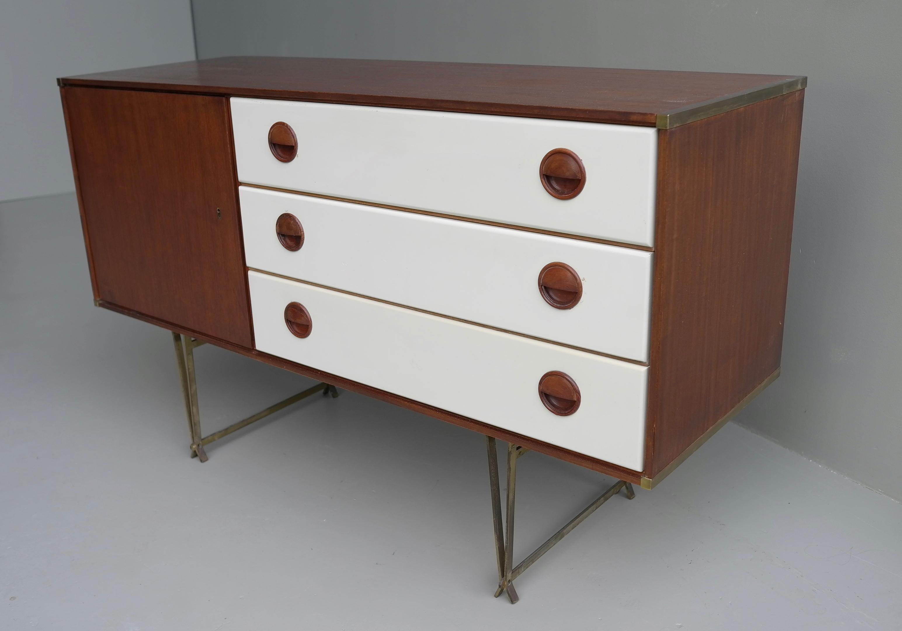 Mid-Century Modern Fristho Sideboard by Wim Crouwel in Teak and White, with Fine Brass Leggs, 1954