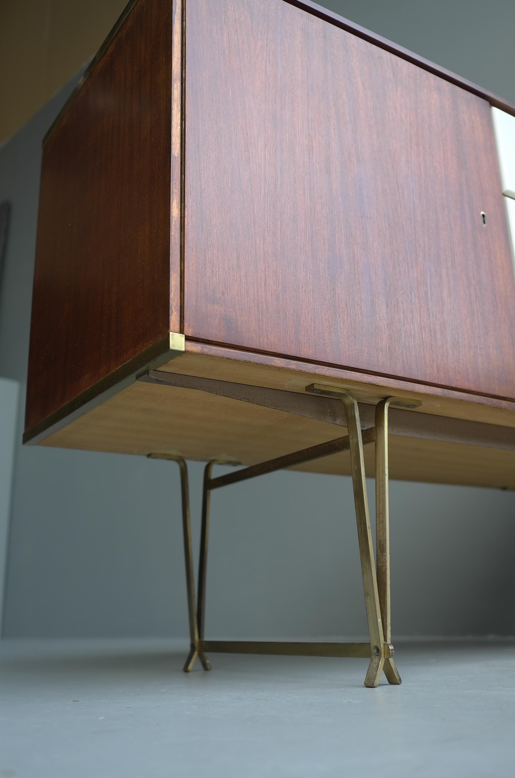Dutch Fristho Sideboard by Wim Crouwel in Teak and White, with Fine Brass Leggs, 1954