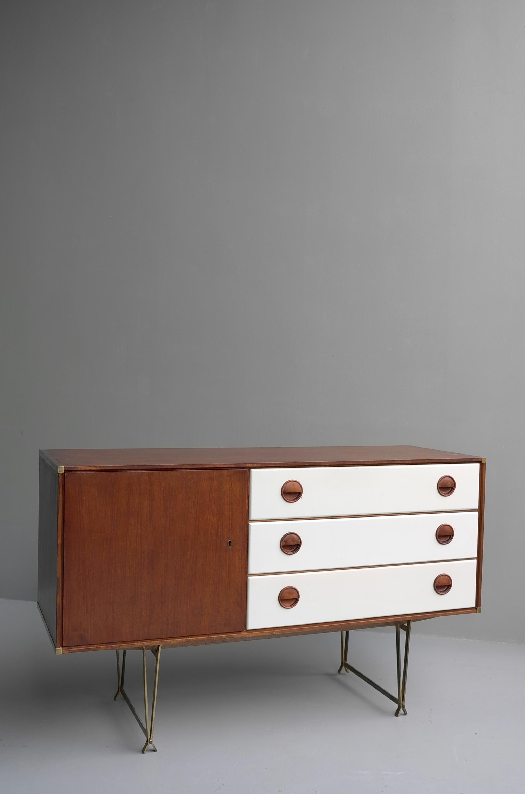Fristho Sideboard by Wim Crouwel in Teak and White, with Fine Brass Leggs, 1954 In Good Condition In Den Haag, NL