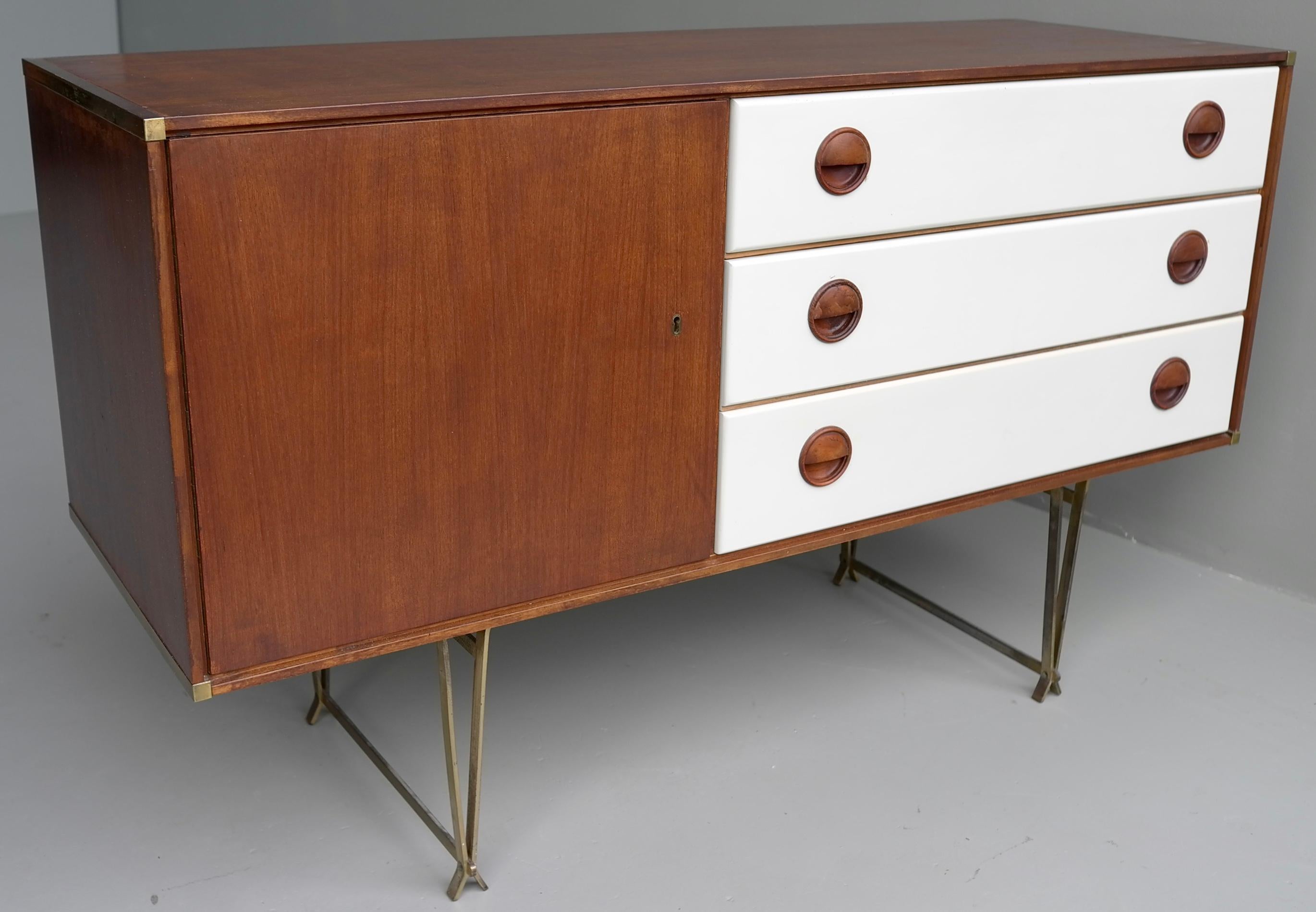 Mid-20th Century Fristho Sideboard by Wim Crouwel in Teak and White, with Fine Brass Leggs, 1954