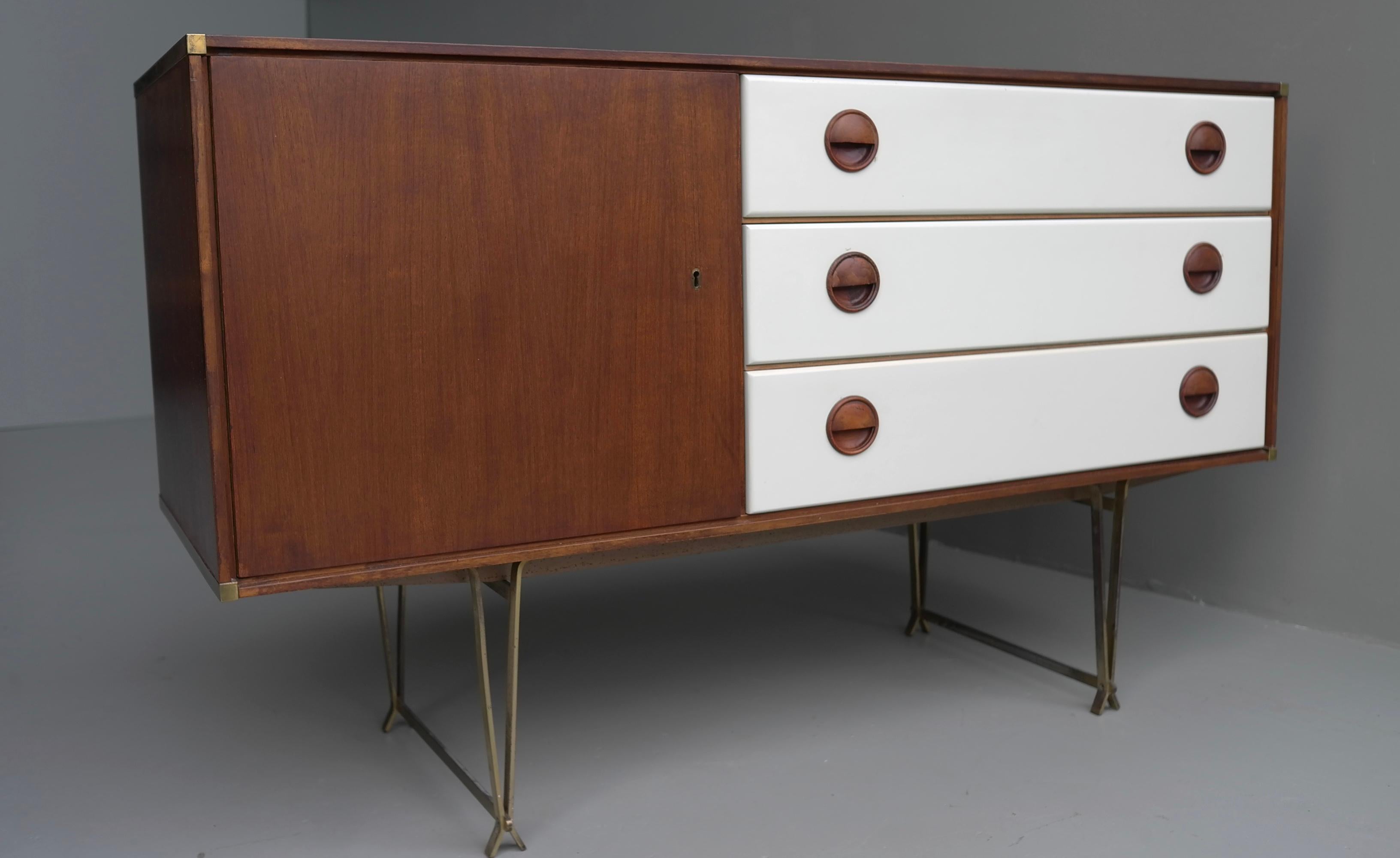 Fristho Sideboard by Wim Crouwel in Teak and White, with Fine Brass Leggs, 1954 2