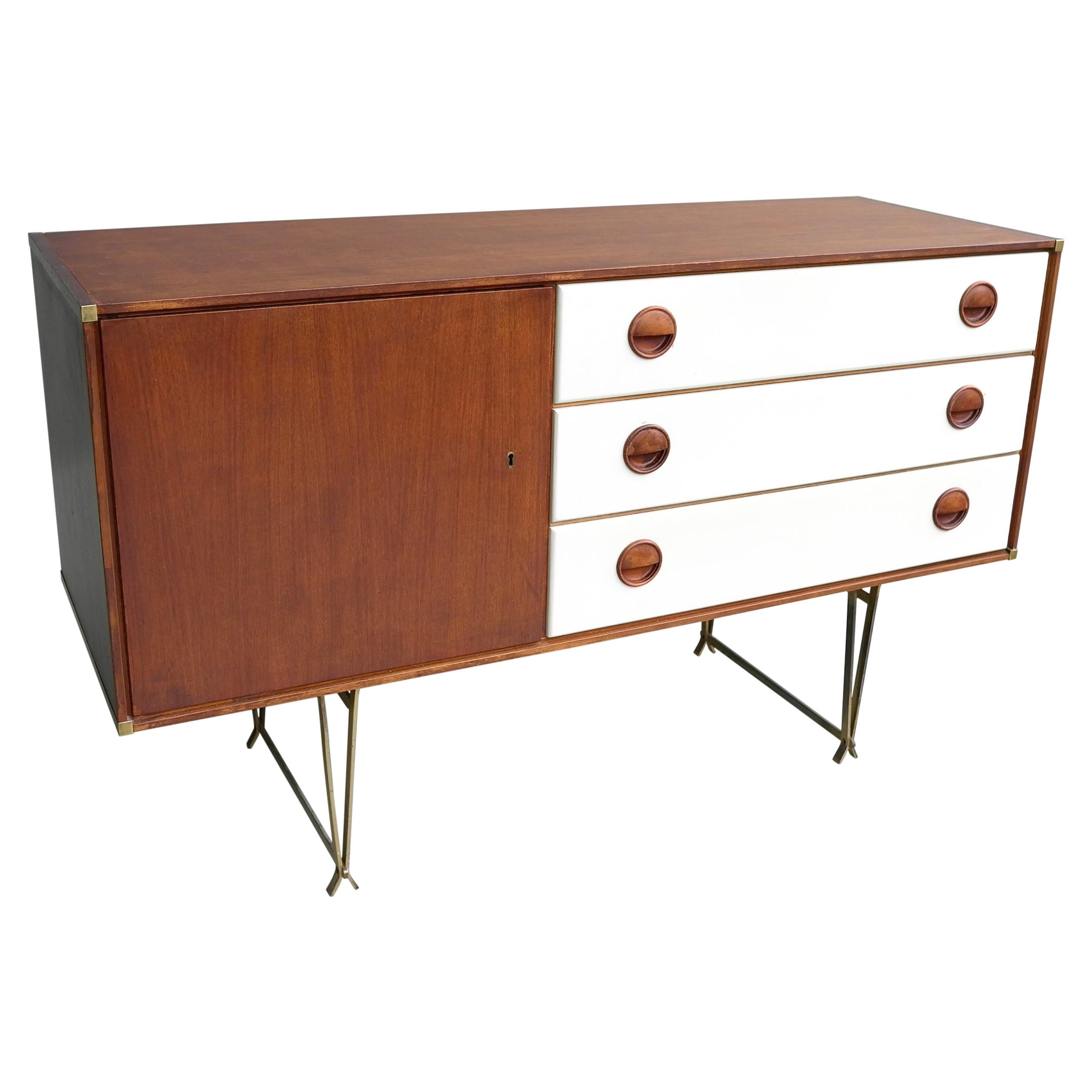 Fristho Sideboard by Wim Crouwel in Teak and White, with Fine Brass Leggs, 1954