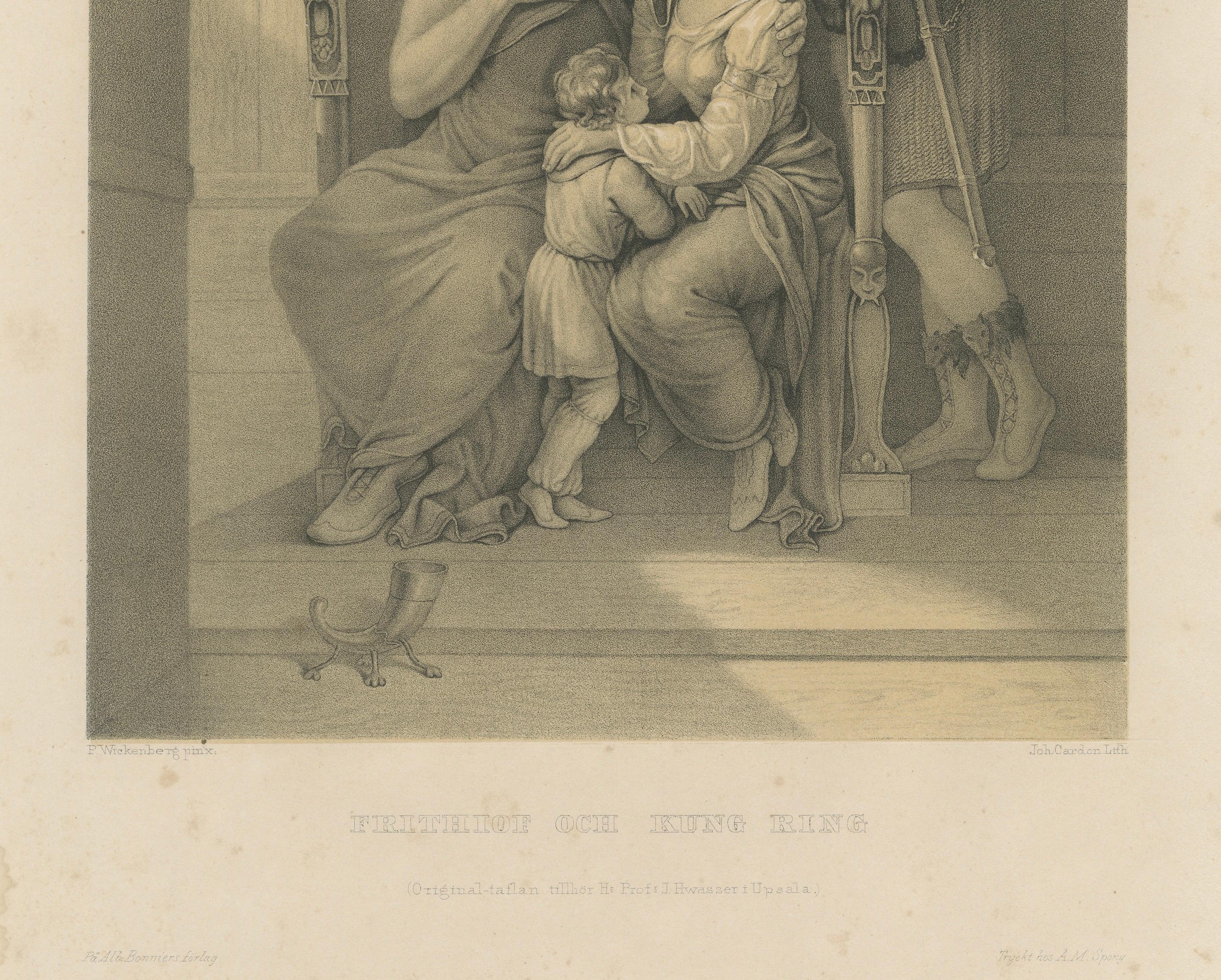 Frithiof and King Ring, Swedish Romantic Lithograph after Pehr Wickenberg, 1850