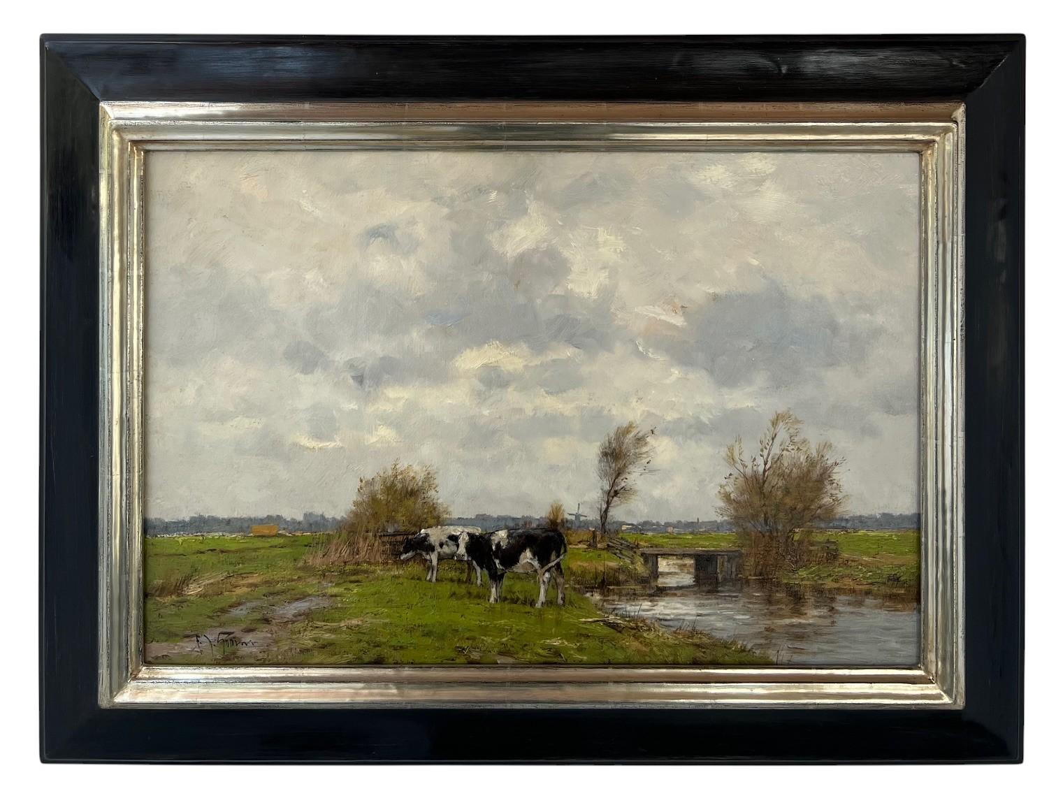 Landscape Painting de Frits Goosen - De Donk Oil Painting on Canvas Landscape Cows Meadow Nature In Stock