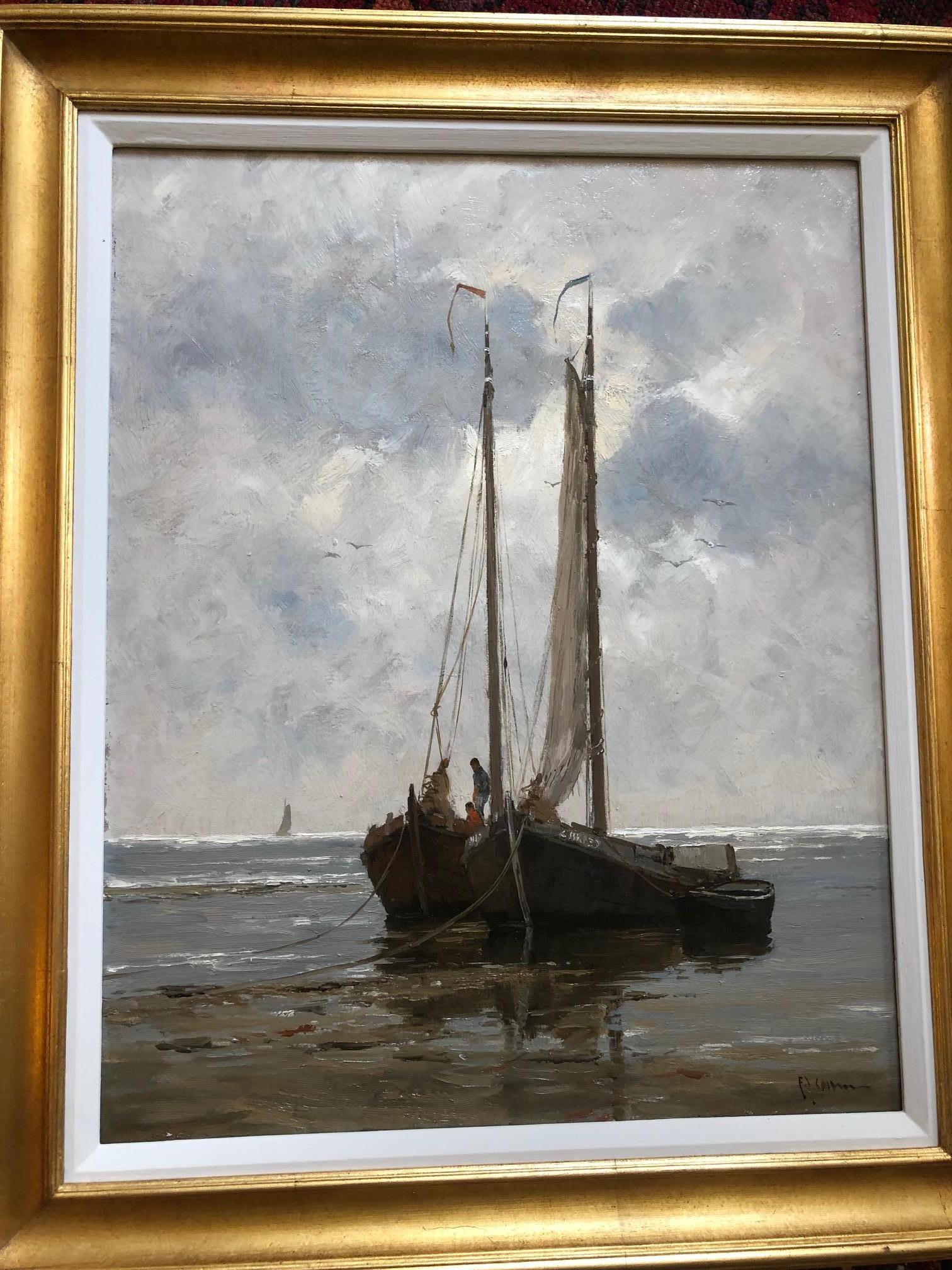 "Dutch Barges Moored on the Beach, off the Dutch Coast" Oil Painting - Art by Frits Goosen