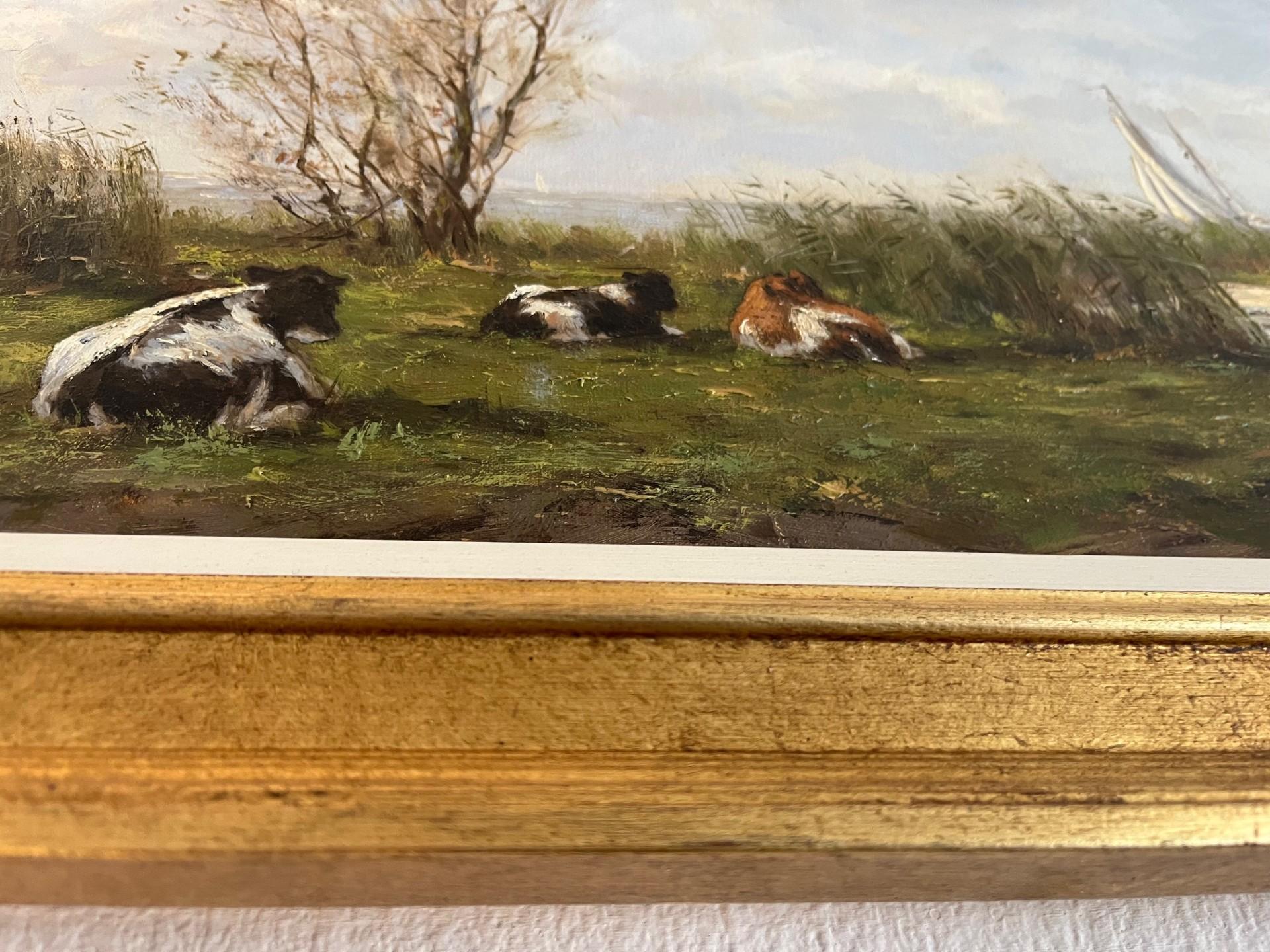 Huile contemporaine du Twentieth Century Paysage traditionnel avec vaches fresiennes - École de Barbizon Painting par Frits Goosen
