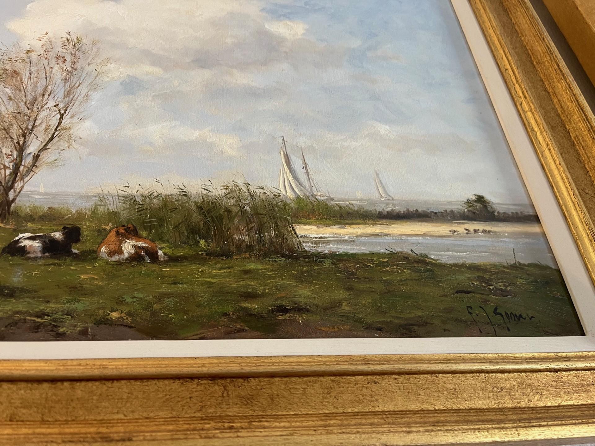 Contemporain Vingtième siècle Paysage traditionnel Peinture à l'huile Vaches fresiennes couchées dans un pré.
Le paysage s'inscrit résolument dans l'école Barbazon et la tradition hollandaise.

Bovins fresiens, vaches couchées dans un champ dans un