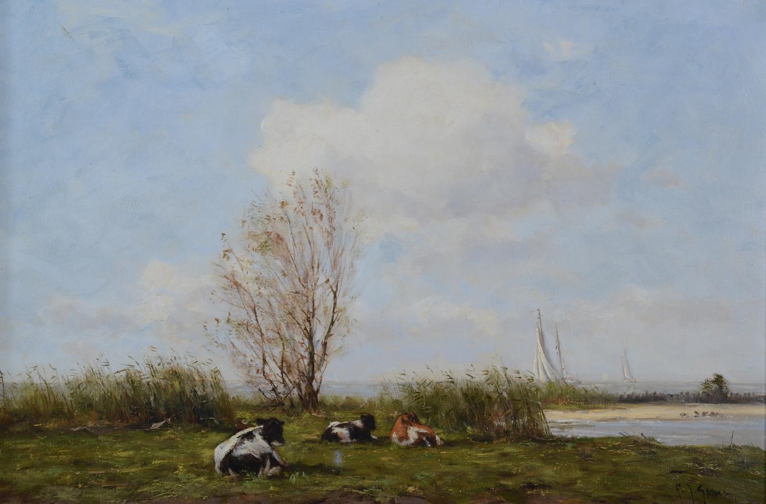 Landscape Painting Frits Goosen - Bouteille fresienne dans un paysage fluvial