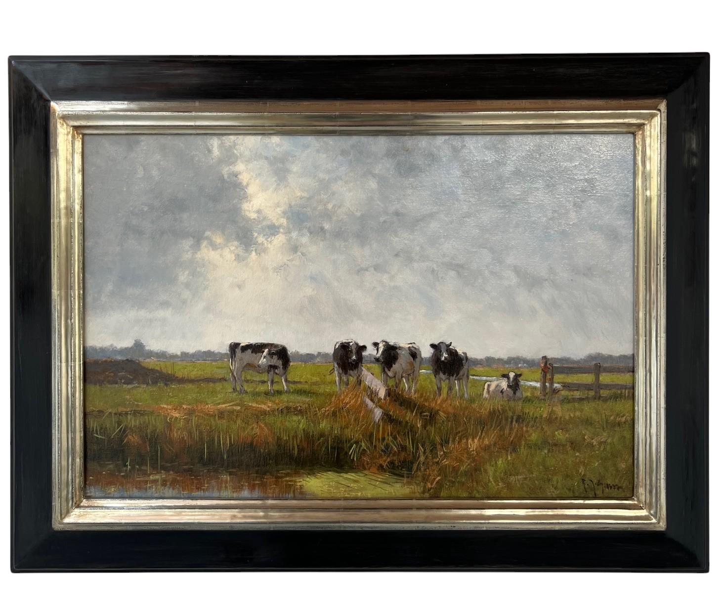 Naarden Oil Painting on Canvas Dutch Landscape Meadows Cows Nature In Stock