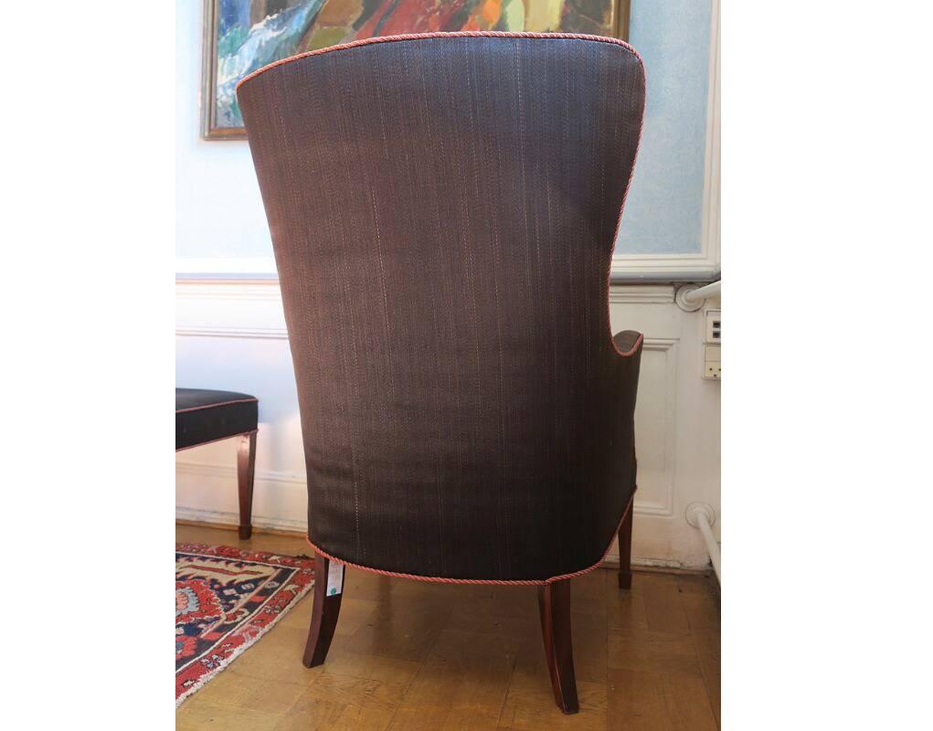 Danish Frits Henningsen Armchair and Stool in Black Horsehair with Red Piping For Sale