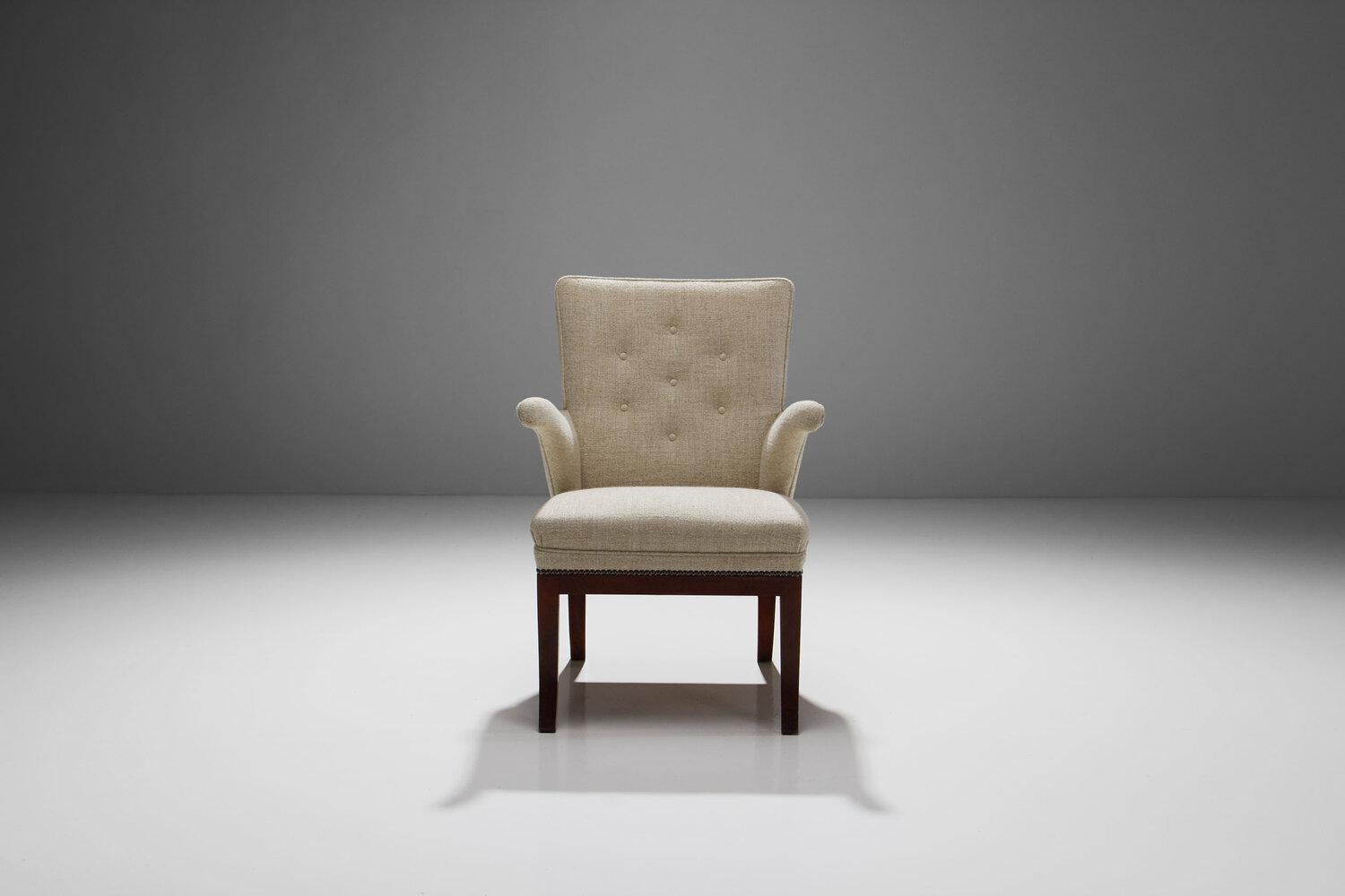 Scandinavian Modern Frits Henningsen Armchair in Linen Fabric by Pierre Frey, Denmark, 1950s-1960s