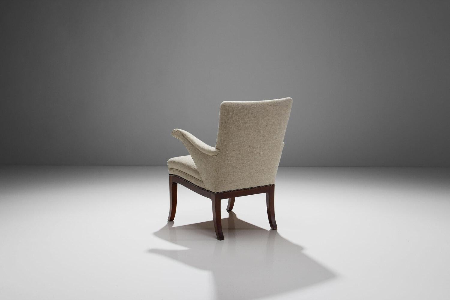 Mid-20th Century Frits Henningsen Armchair in Linen Fabric by Pierre Frey, Denmark, 1950s-1960s