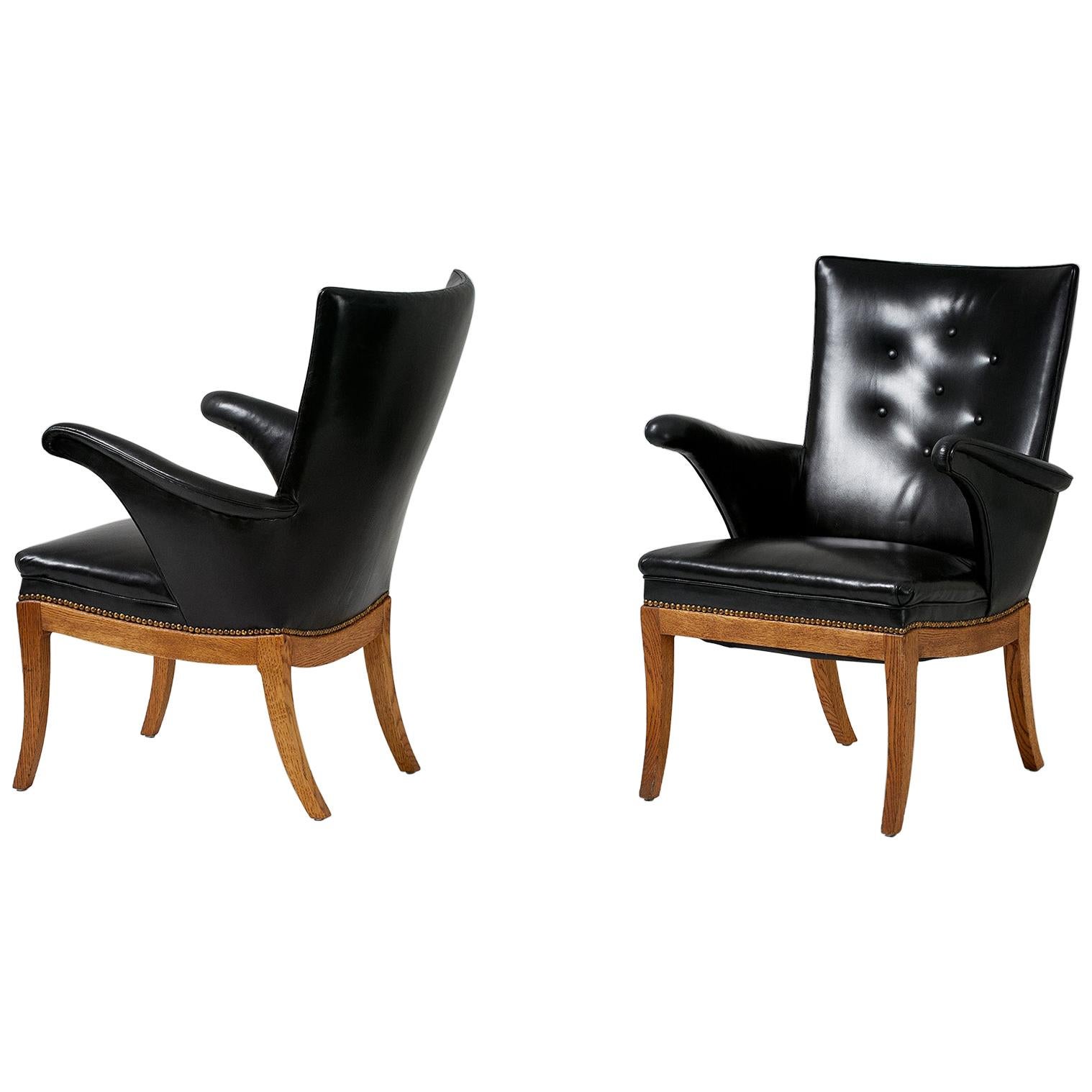 Frits Henningsen Armchairs, Oak and Leather For Sale