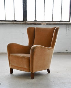 Frits Henningsen Attributed Highback Lounge Chair in Golden Mohair, 1950's