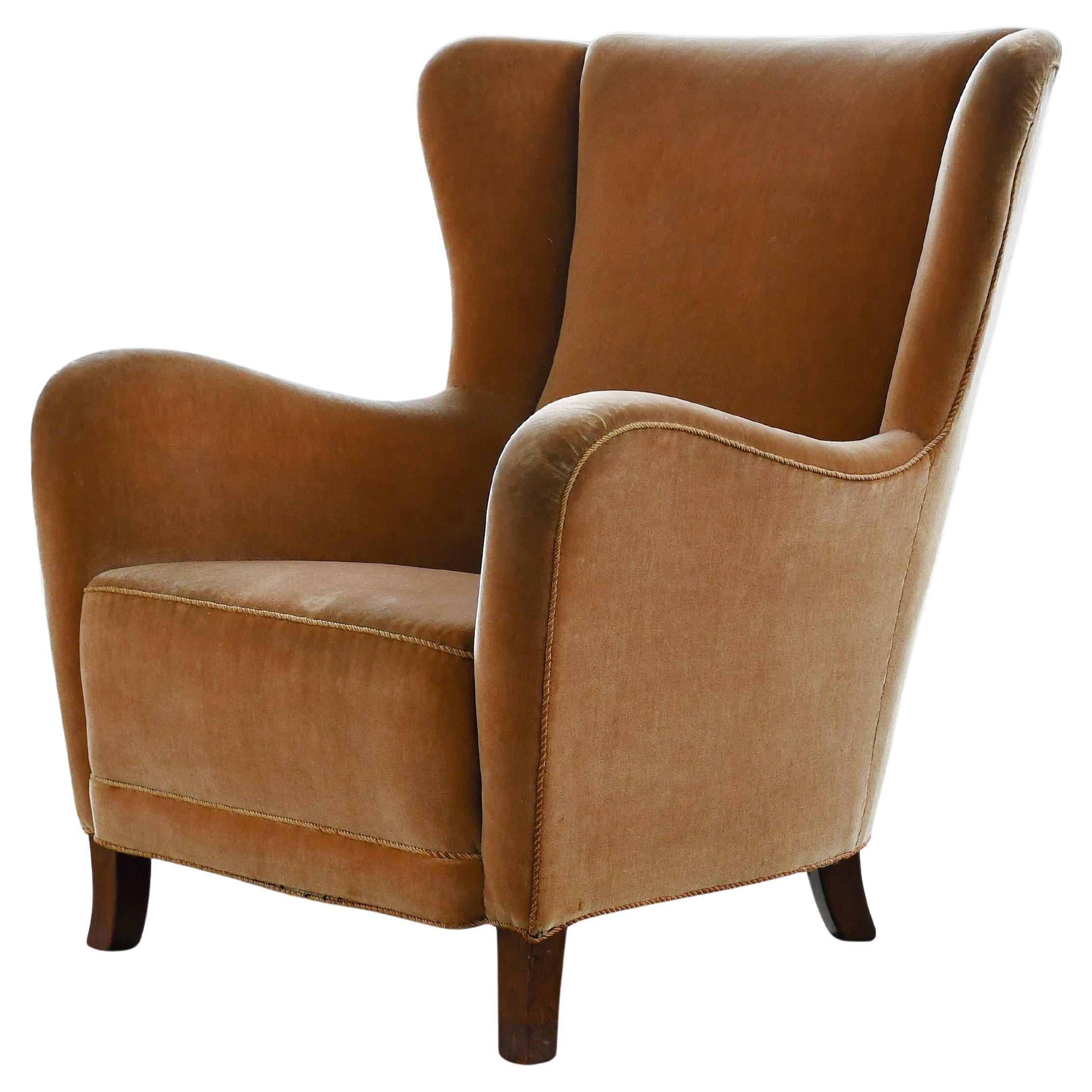 Frits Henningsen Attributed Highback Lounge Chair in Golden Mohair, 1950's