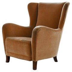 Frits Henningsen Attributed Highback Lounge Chair in Golden Mohair, 1950's