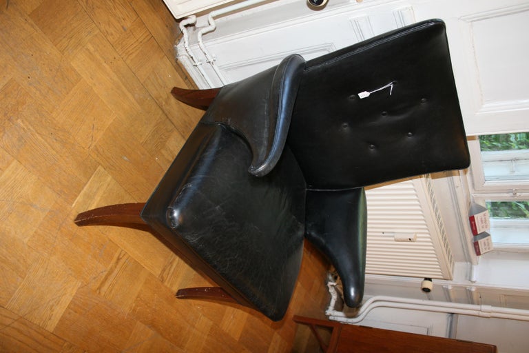 Danish Frits Henningsen Black Leather Lounge Chair For Sale