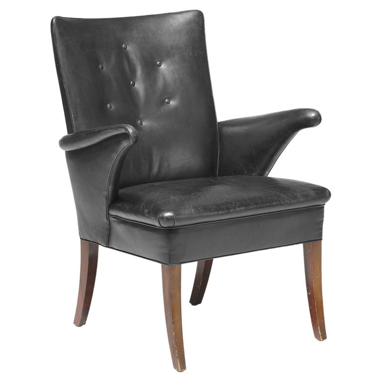 Frits Henningsen Black Leather Lounge Chair For Sale
