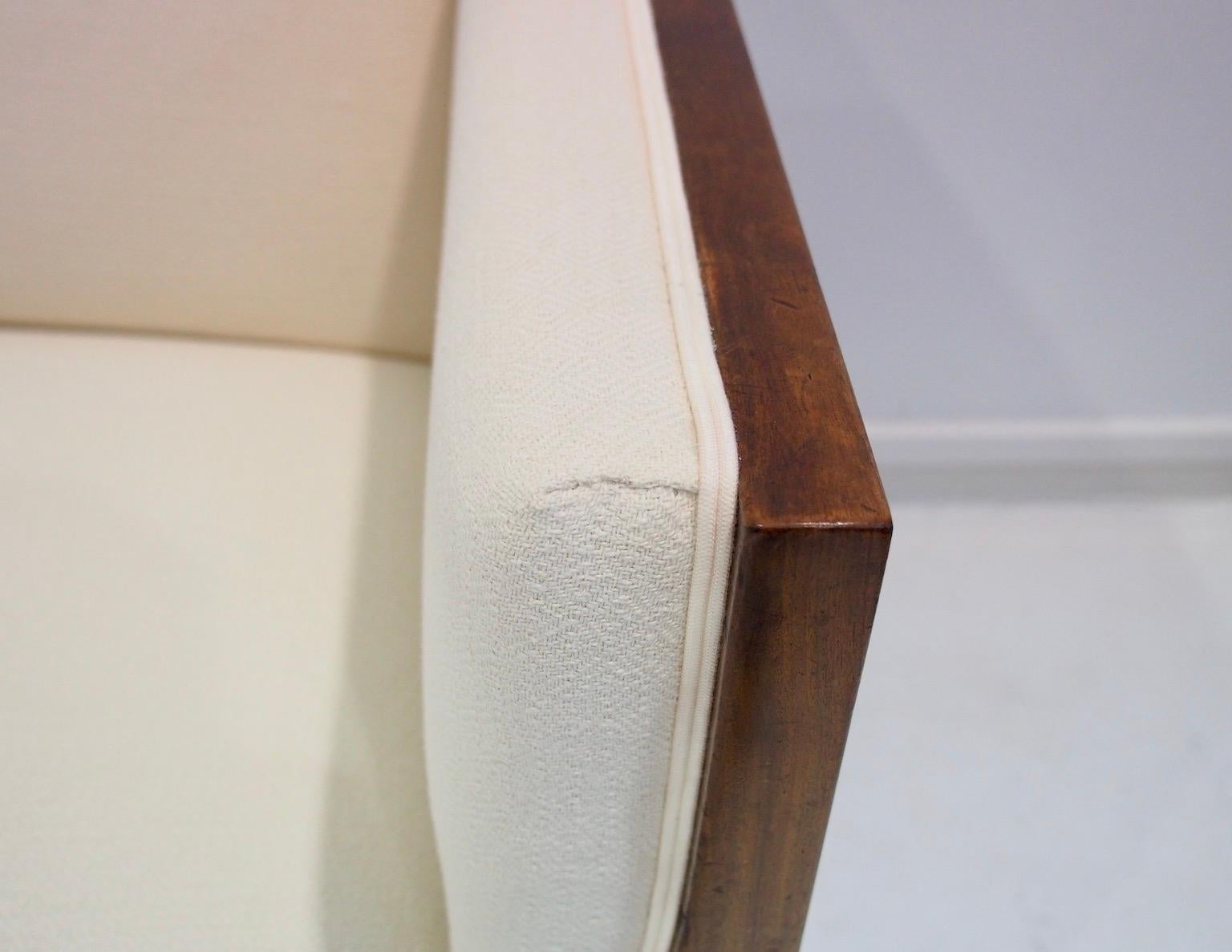 Danish Frits Henningsen Box-Shaped Wooden Sofa with White Fabric Upholstery