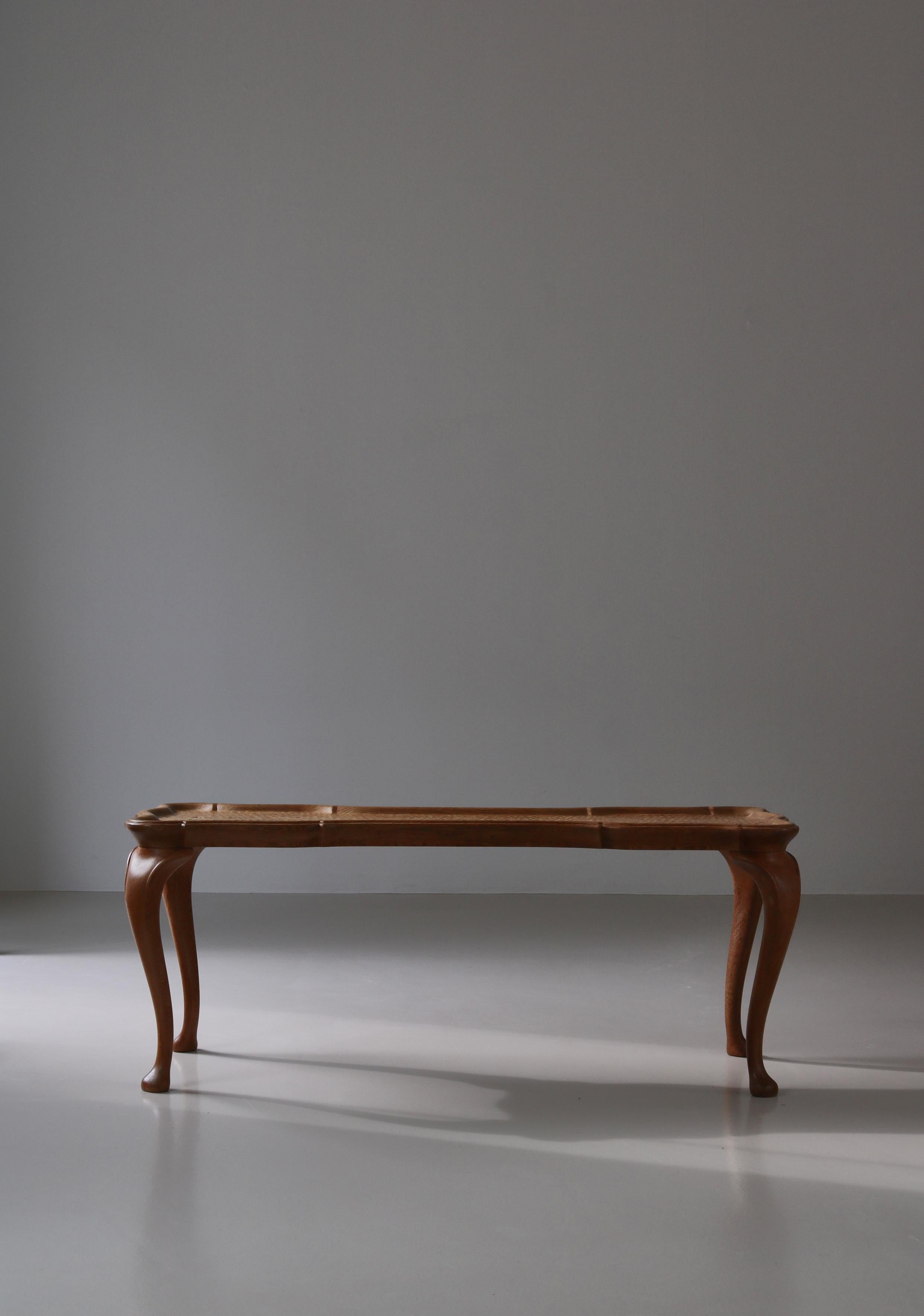 Scandinavian Modern Frits Henningsen Carved Coffee Table with Gouged Top Solid Oak, Denmark, 1940s