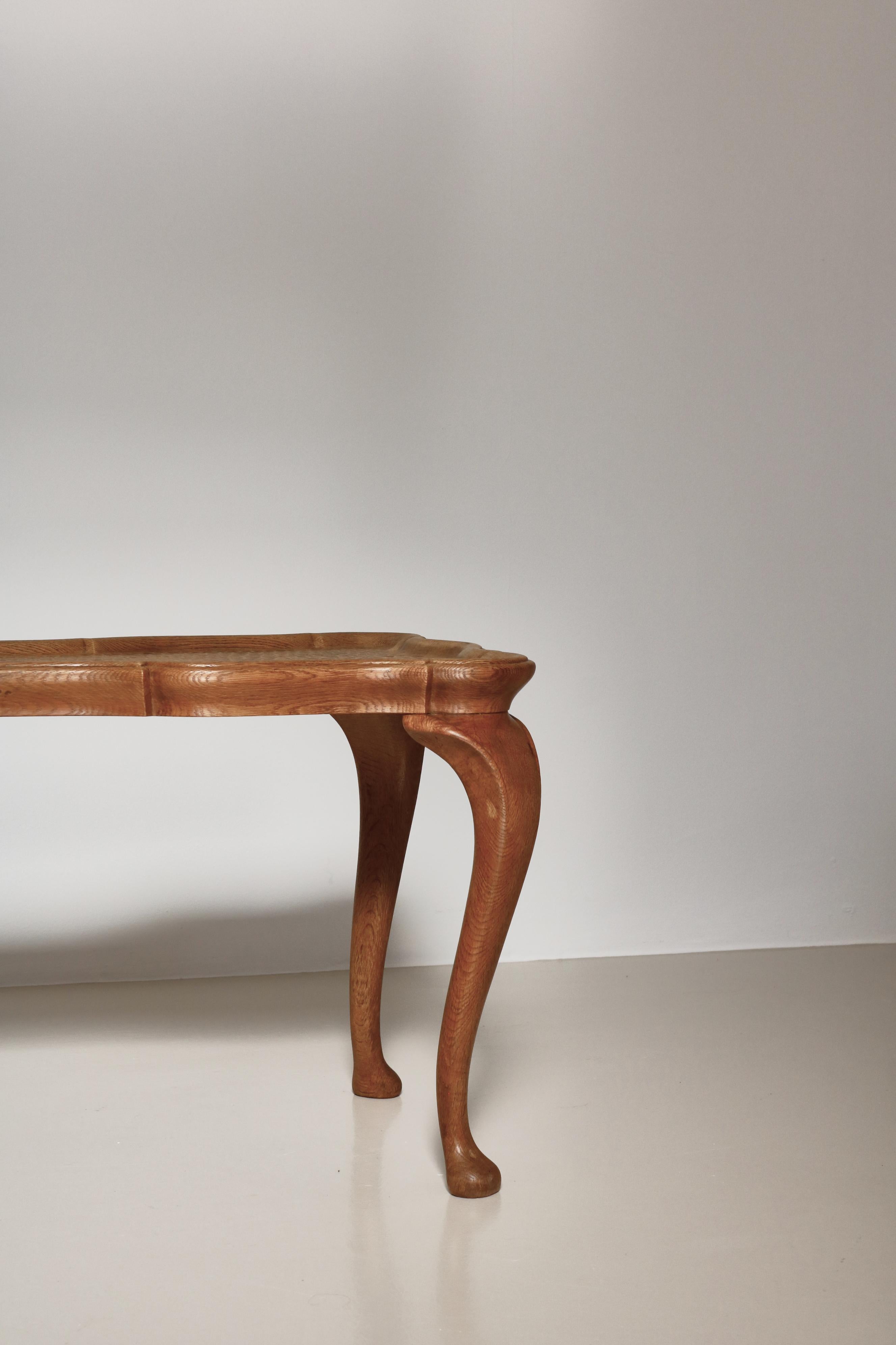Danish Frits Henningsen Carved Coffee Table with Gouged Top Solid Oak, Denmark, 1940s