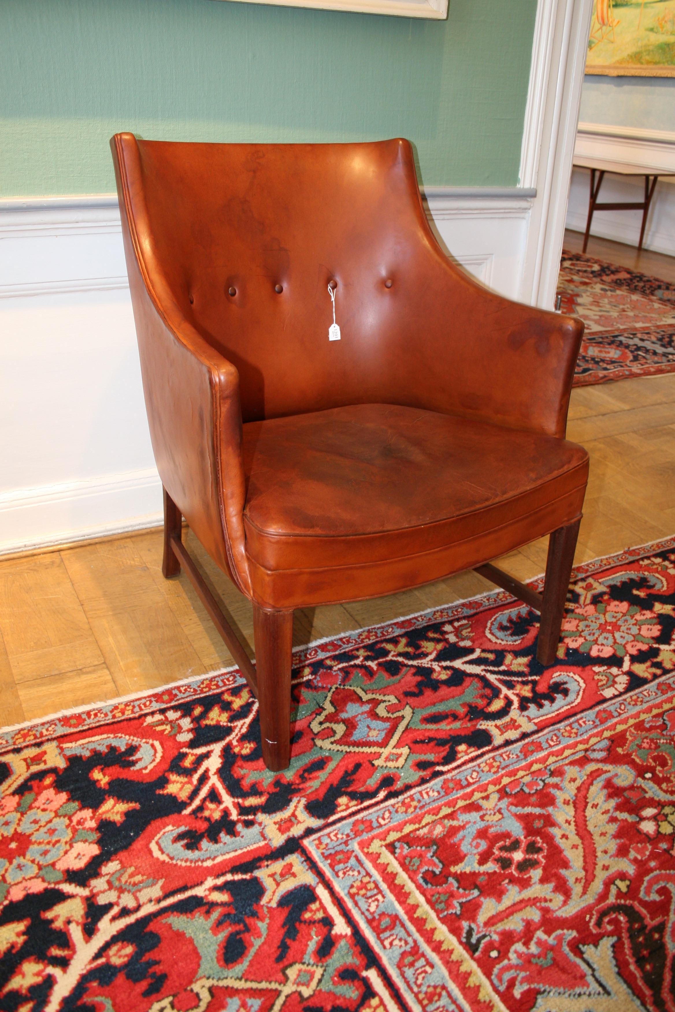 Mid-Century Modern Frits Henningsen Cognac-Color Leather Armchair in Original Condition For Sale