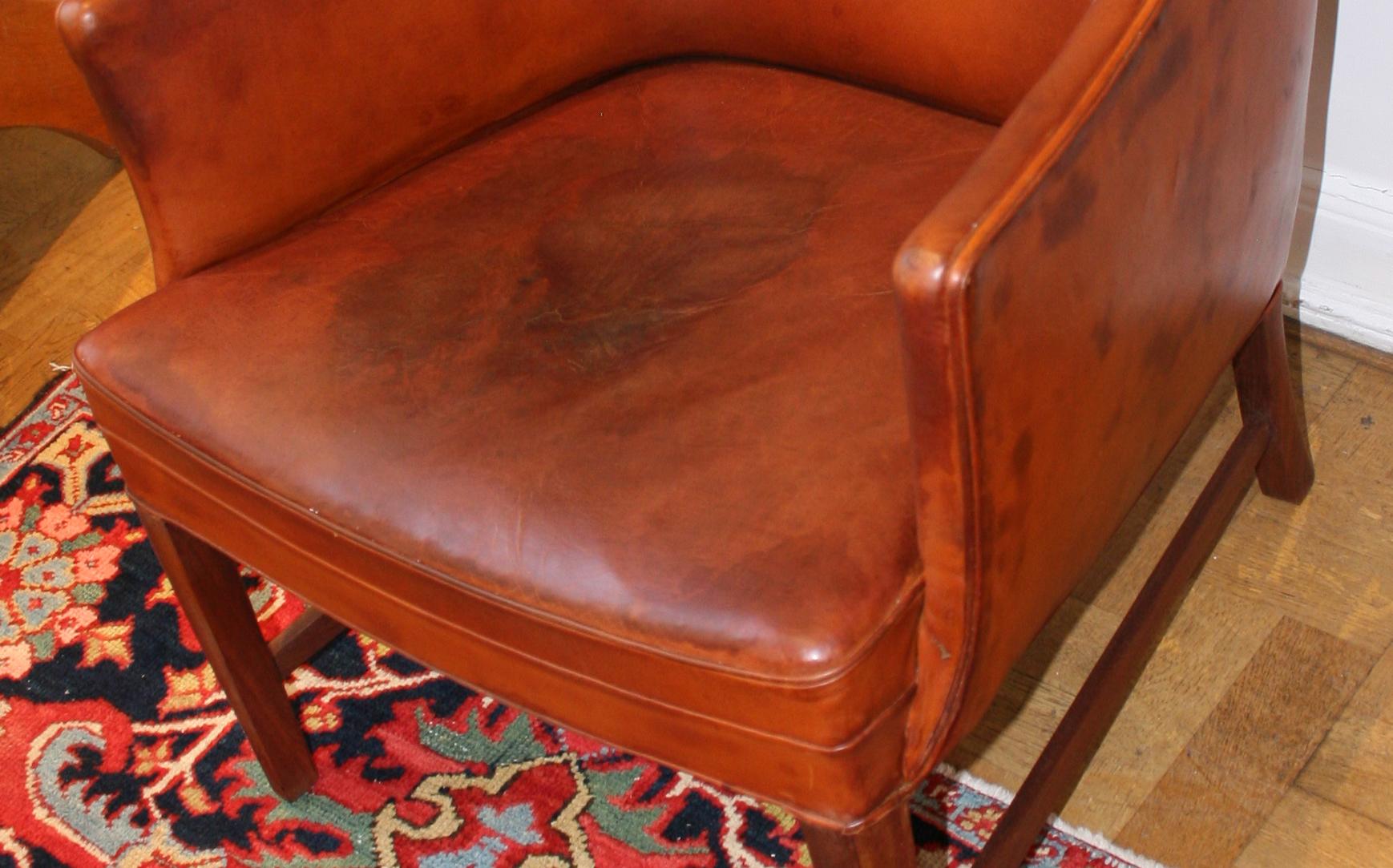 Danish Frits Henningsen Cognac-Color Leather Armchair in Original Condition For Sale