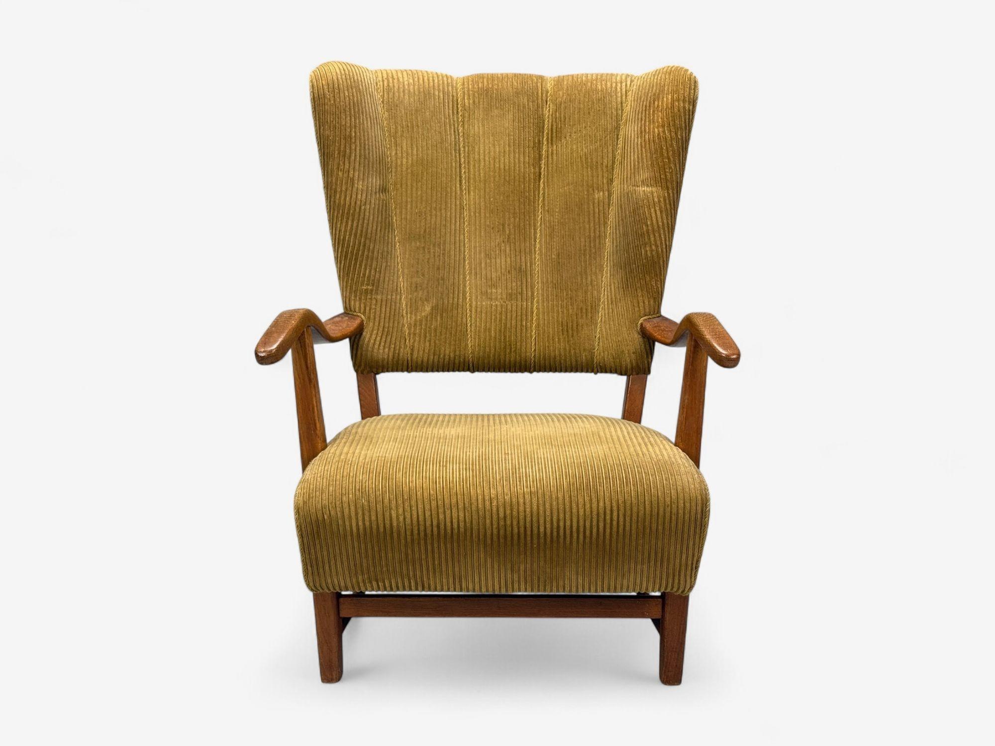 Frits Henningsen, Dänische Moderne, Kord, Holz, Sessel, Dänemark, 1940er Jahre (Moderne der Mitte des Jahrhunderts) im Angebot