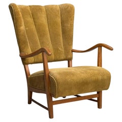Frits Henningsen, Danish Modern, Corduroy, Wood, Lounge Chair, Denmark, 1940s