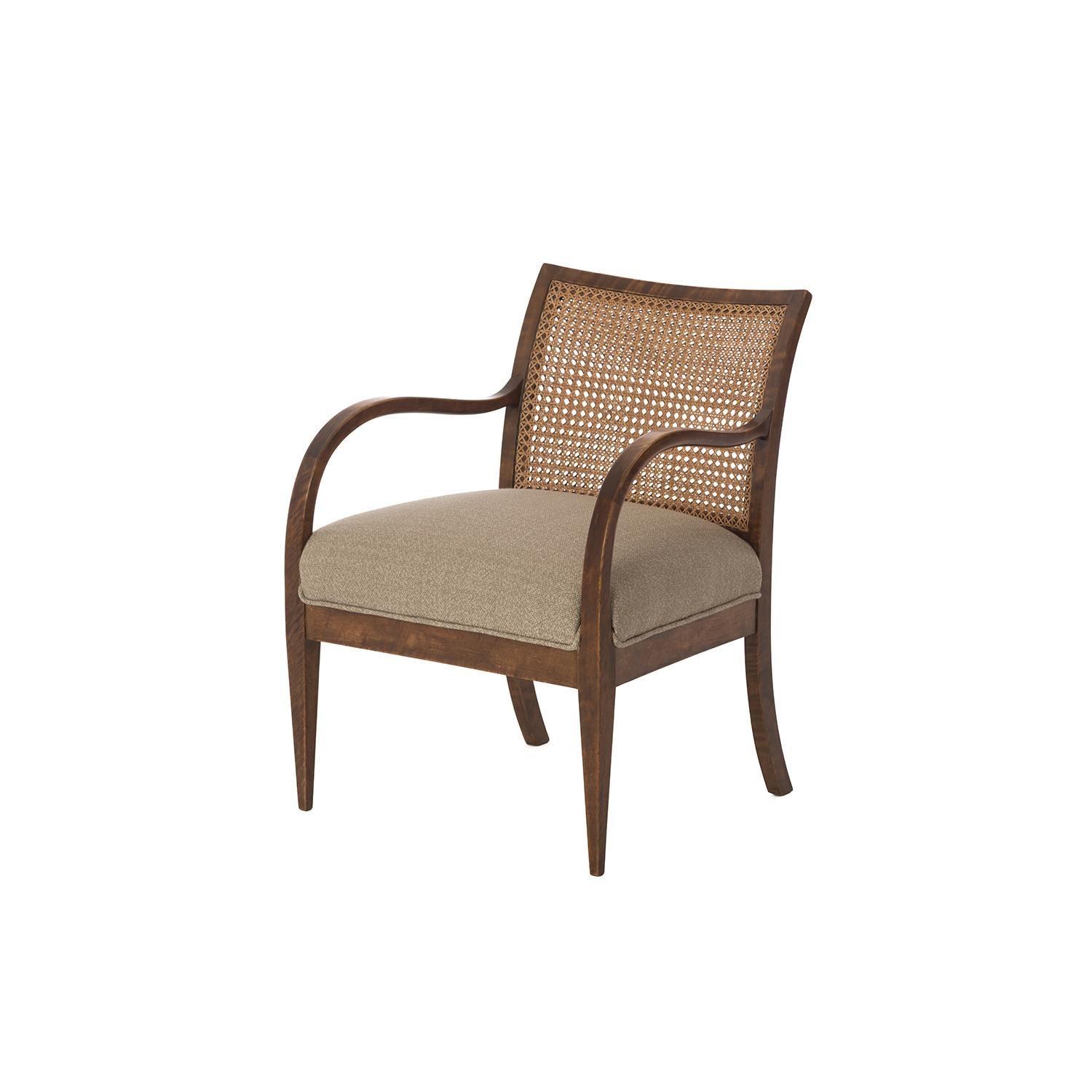 This armchair was designed and built by master Danish cabinet maker Frits Henningsen. The chair features a double layered cane back, new wool-linen blend upholstery in a flax/pale sage color scheme. The European beechwood frame has been cleaned up