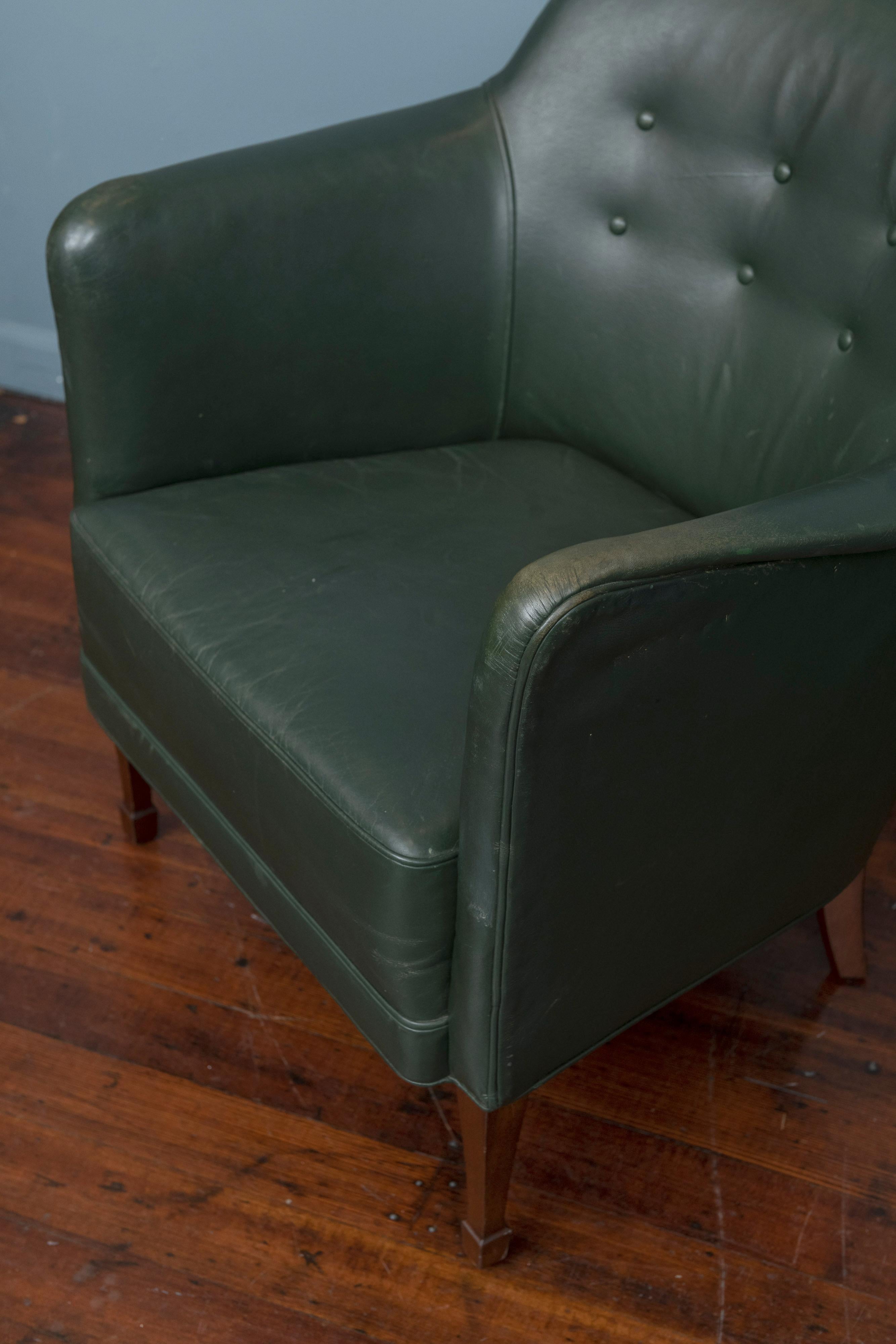 Danish Frits Henningsen Green Leather Lounge Chairs