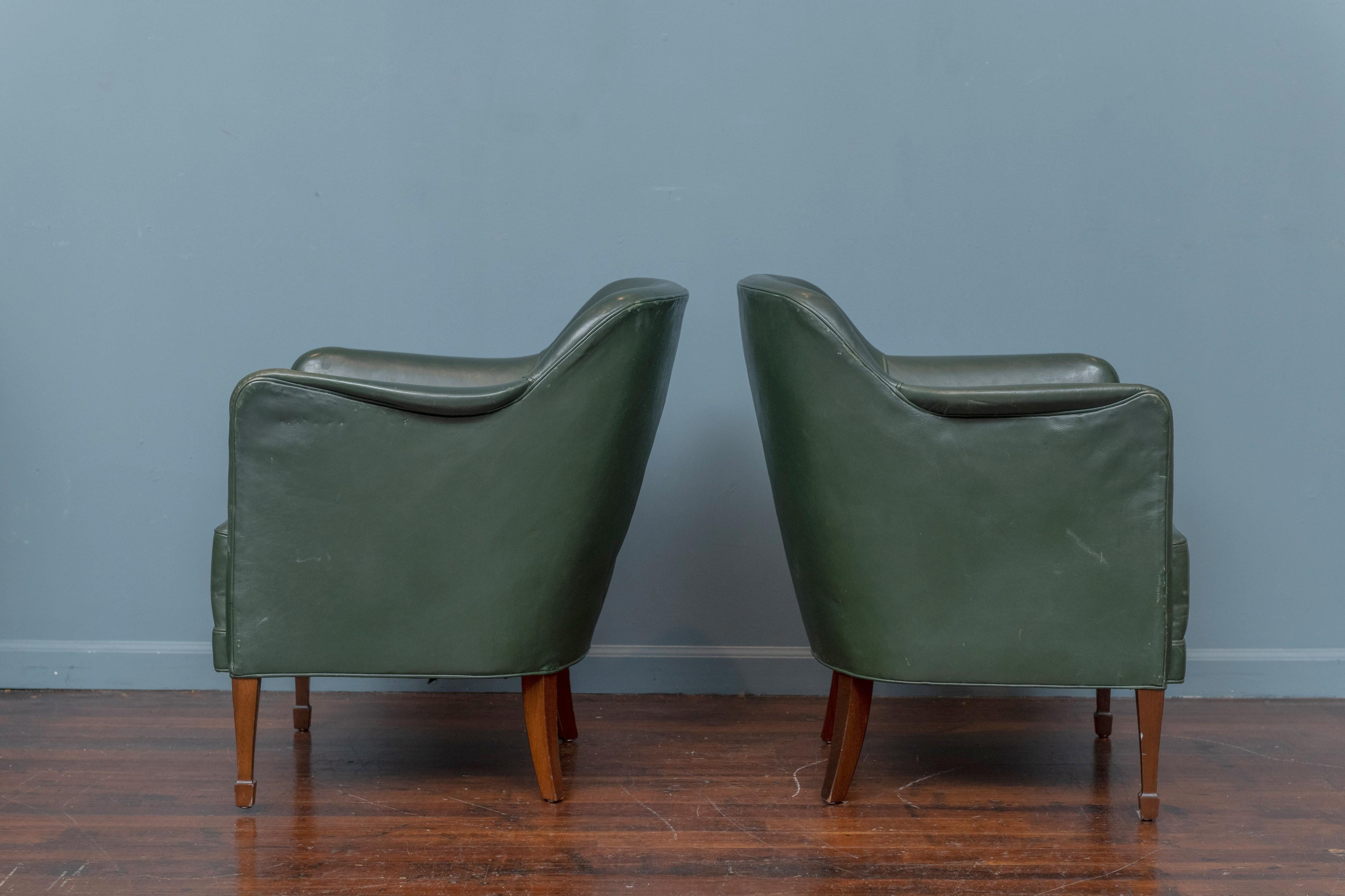 Frits Henningsen Green Leather Lounge Chairs In Good Condition In San Francisco, CA