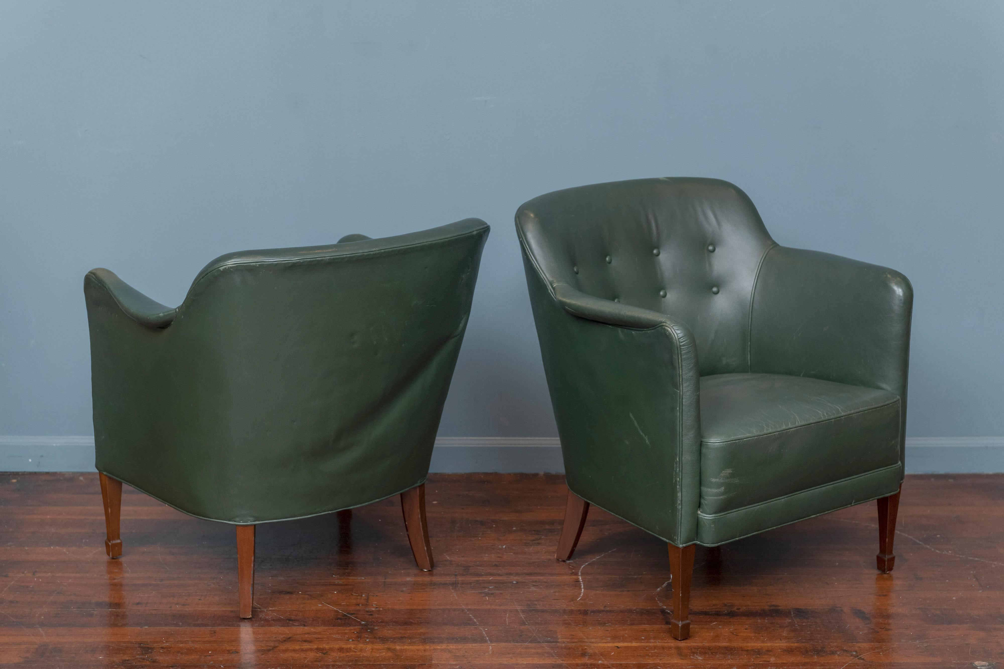 Frits Henningsen Green Leather Lounge Chairs 1