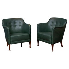 Frits Henningsen Green Leather Lounge Chairs