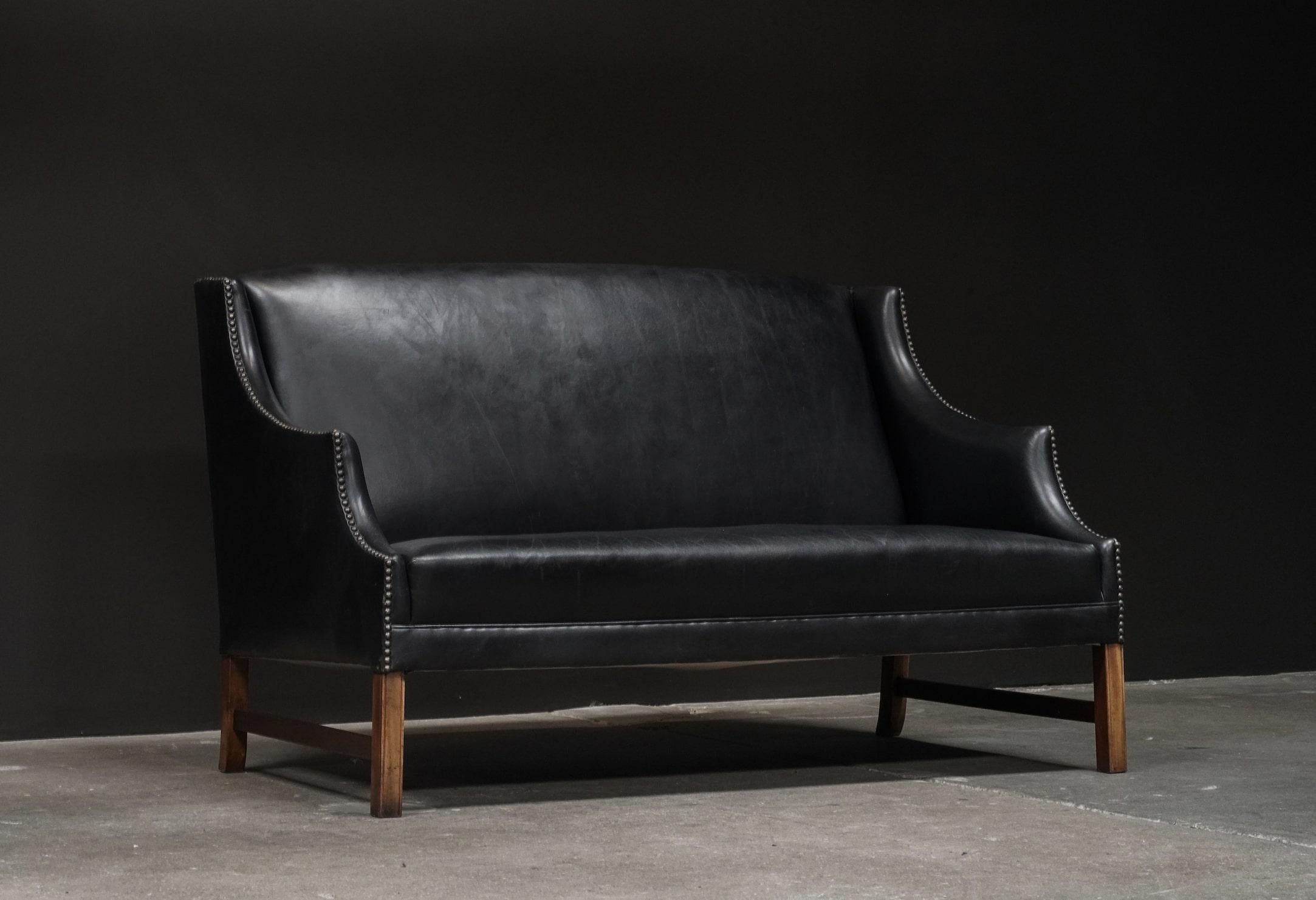 Danish Frits Henningsen Leather Sofa, Mahogany, Denmark  For Sale