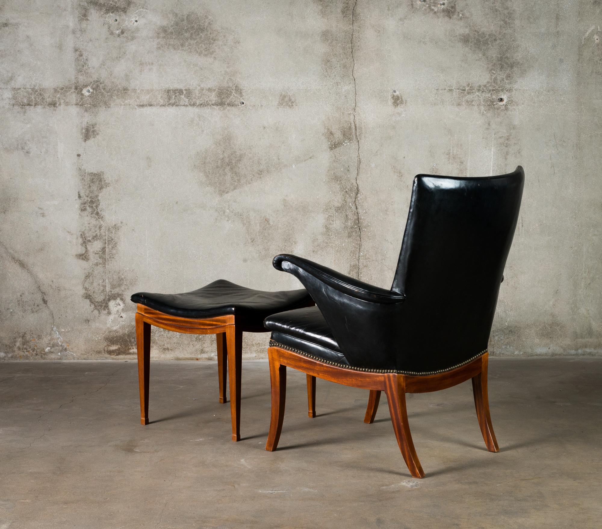 Leather Frits Henningsen Lounge Chair and Ottoman