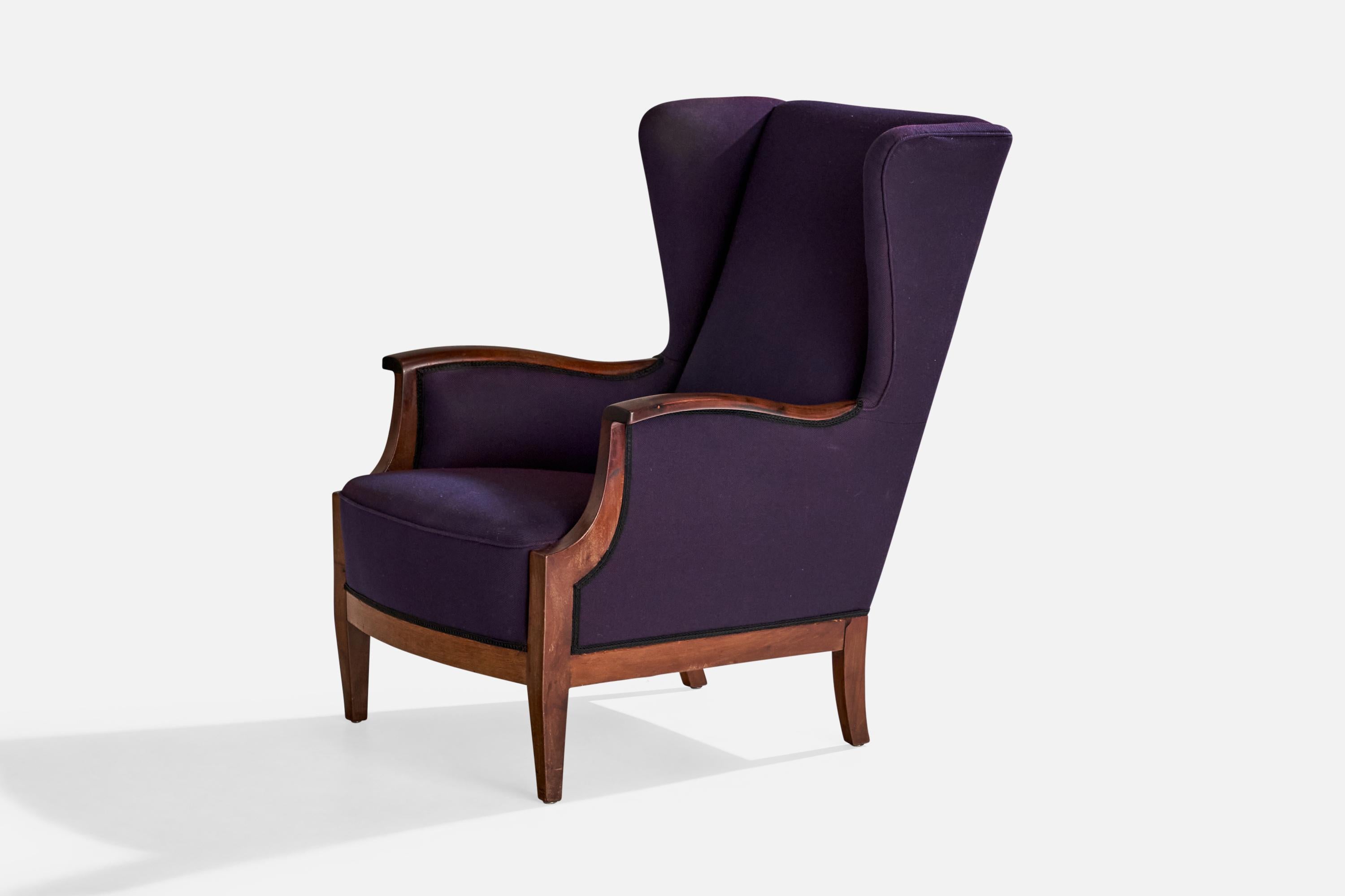 Danish Frits Henningsen, Lounge Chair, Mahogany, Fabric, Denmark, 1940s For Sale