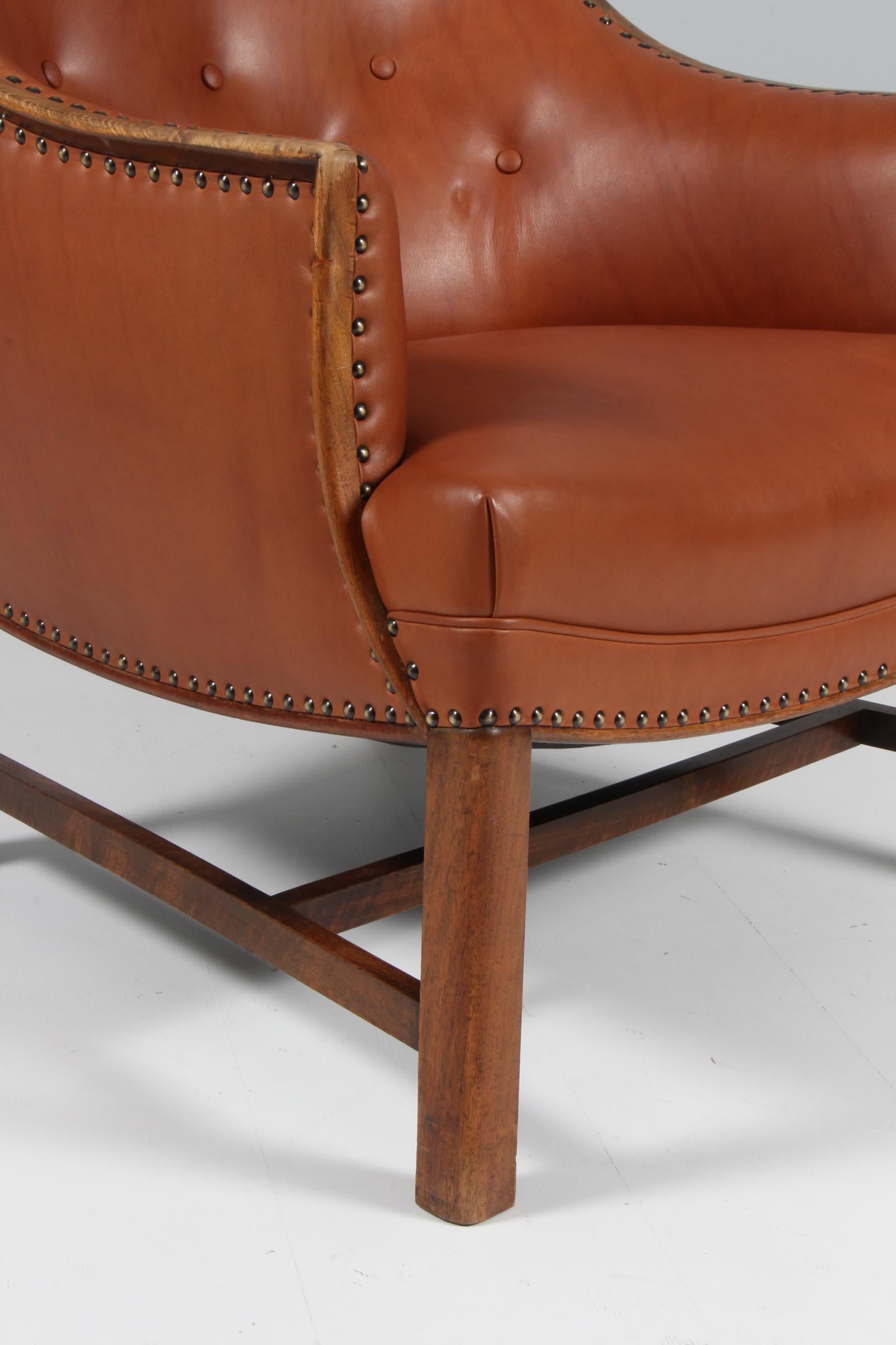 Scandinavian Modern Frits Henningsen, Lounge Chair with Brandy Aniline Leather